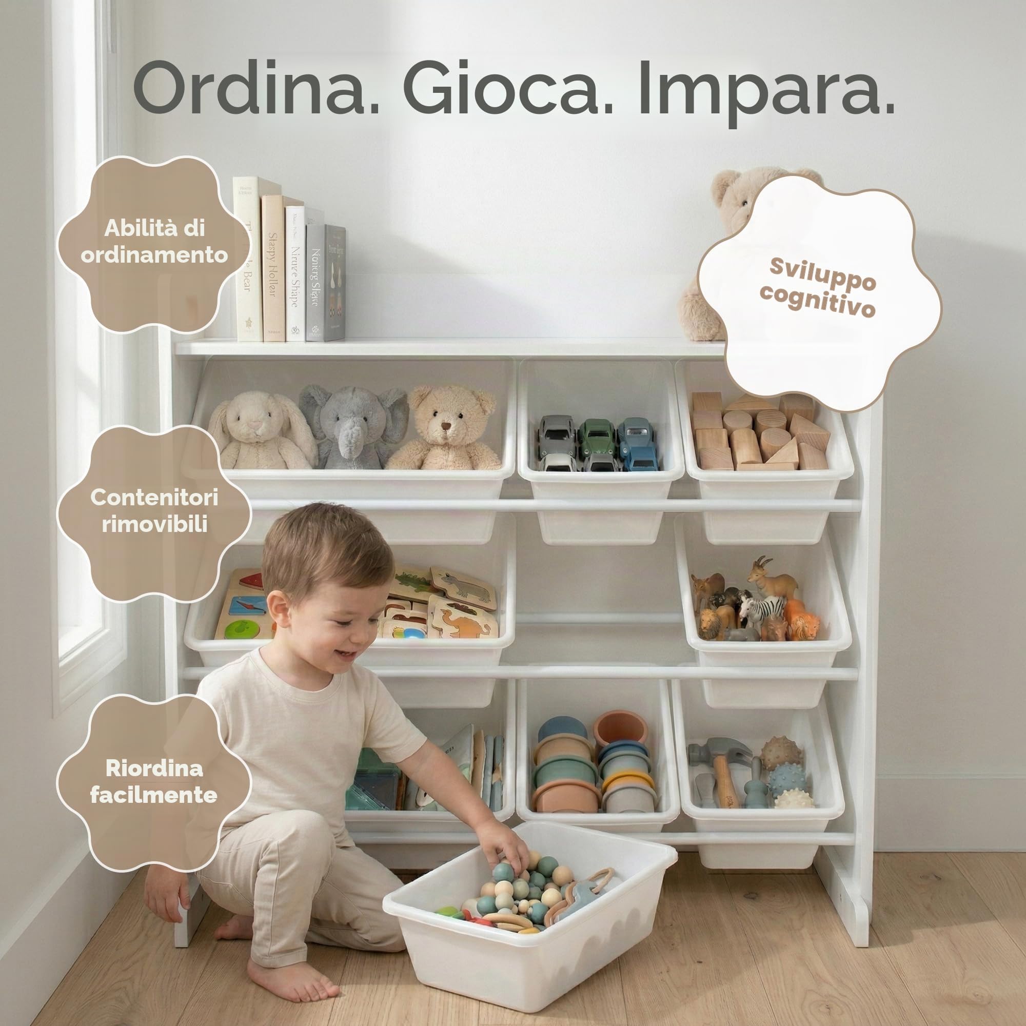 HumbleCrew Scaffale Bambini Luminoso: Organizer Giocattoli con 9 Contenitori, Design Bianco/Bianco Moderno, Ideale per Camerette Stile e Ordinate