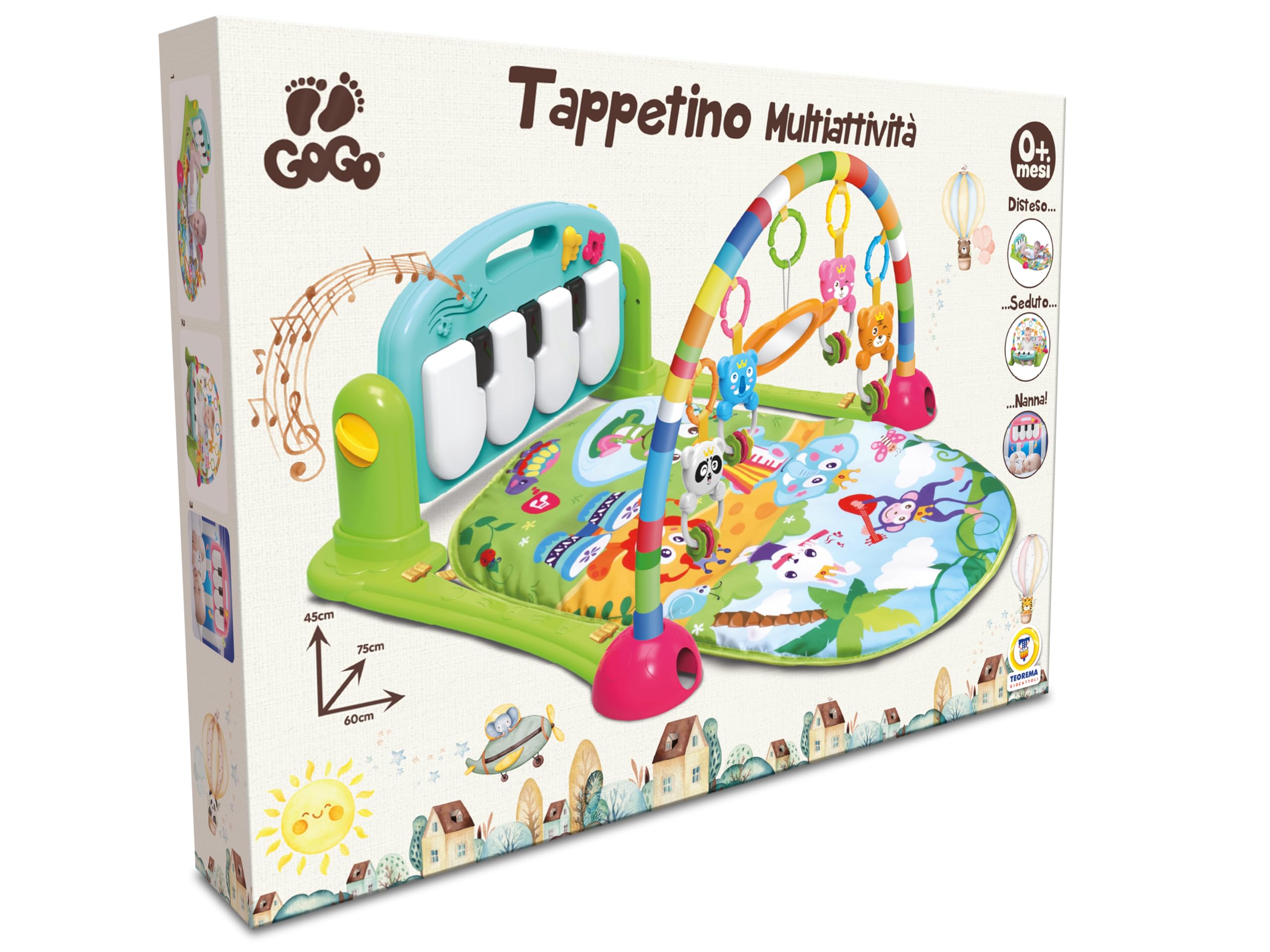 Teorema Giocattoli Palestrina Baby Musicale 75x60x45 cm, Tappeto Sensoriale Interattivo Neonato con Piano Calcia e Suona, Sonagli Animaletti e Specchio, Giochi Neonati 0-12 Mesi