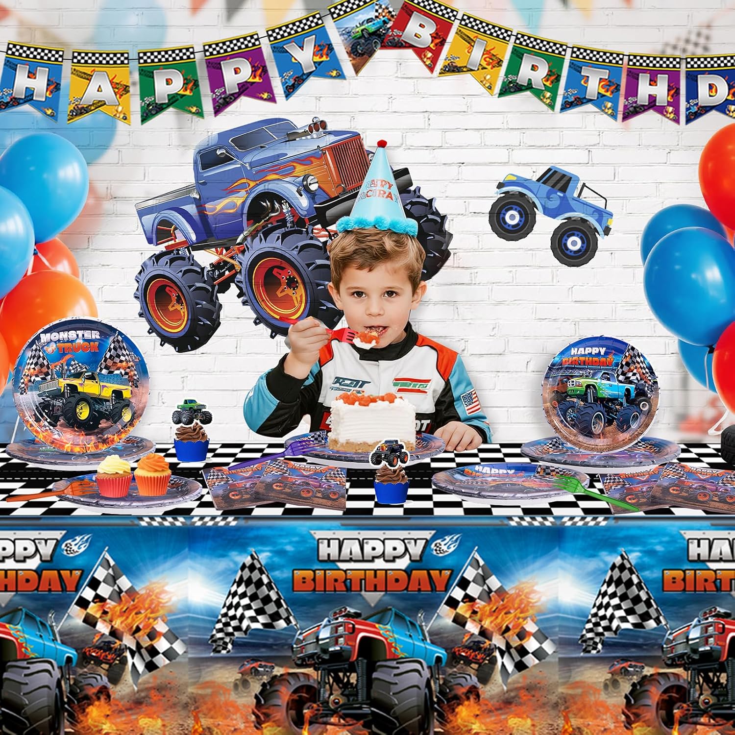 Monster Truck Birthday Decorations Kit - 97 Pcs Machines Jam Party Supplies for Boys Serves 24 Guests, Including Plates, Napkins, Forks & Tablecloth - Perfect for Monster Truck Themed Decor image 5