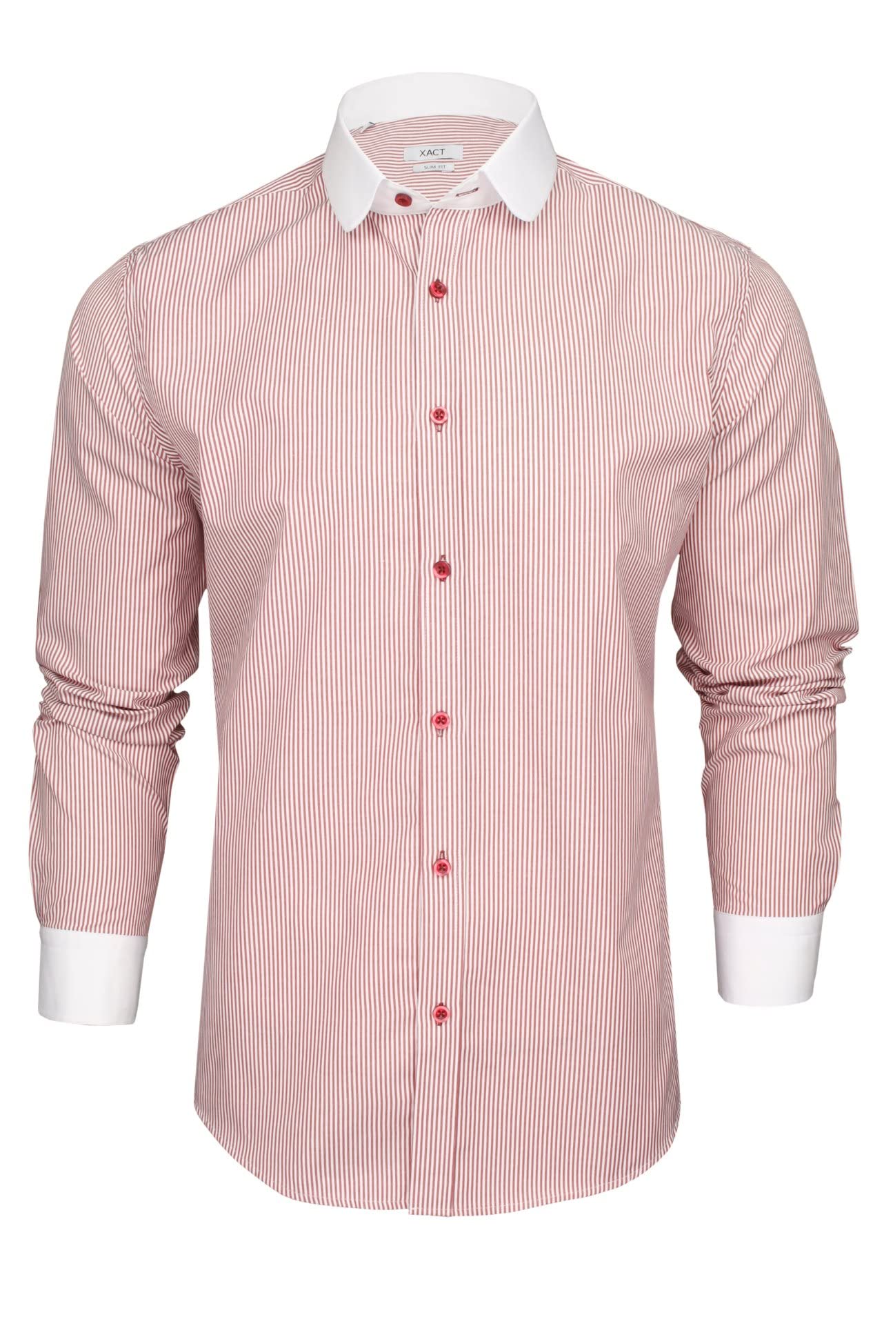 Xact Men's White Collar - Dark Red Stripe Penny/Club Collar Striped Shirt, White Contrast Collar & Cuffs (White Collar - Dark Red Stripe) Xxxl