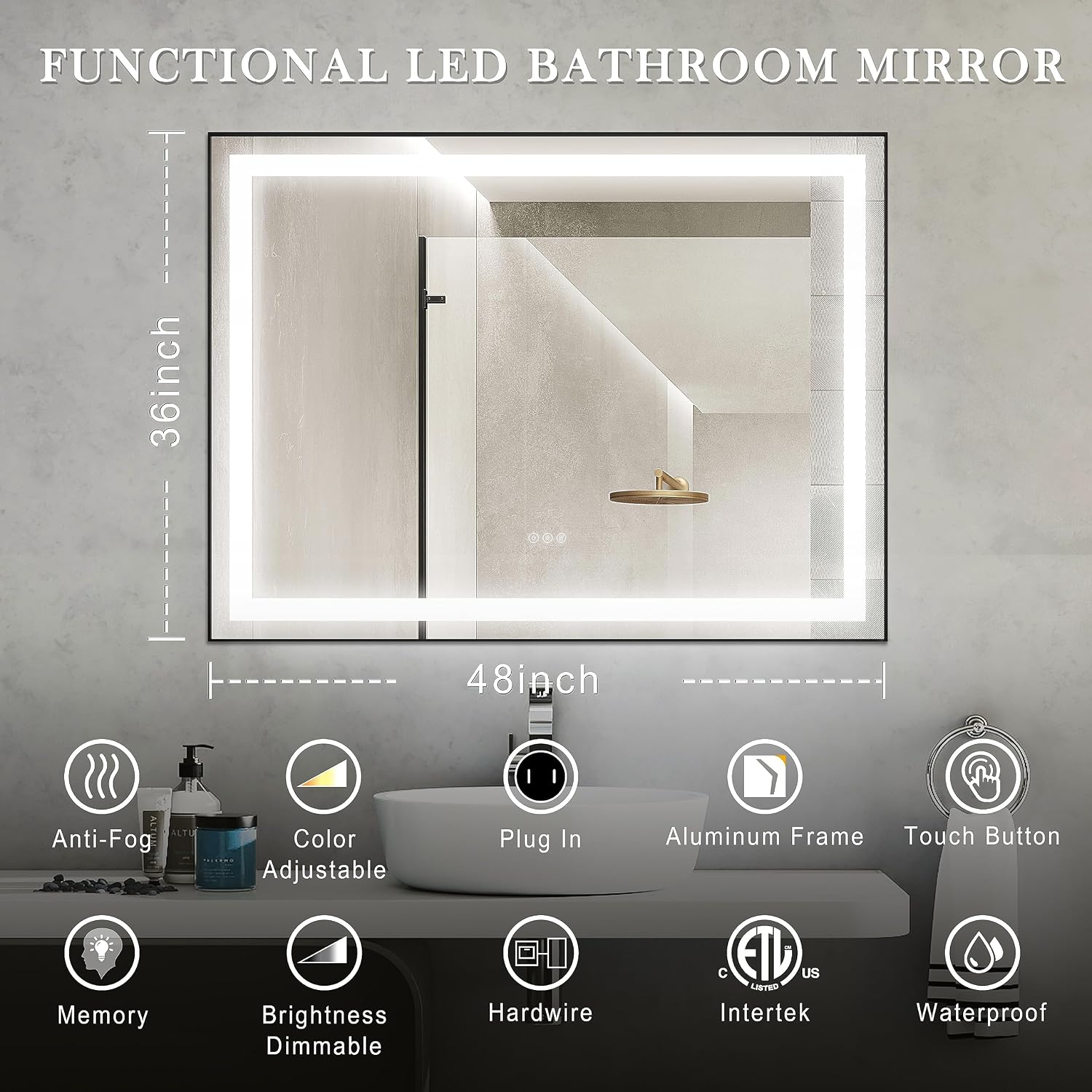 Framed LED Bathroom Vanity Mirror - 48x36 Anti Fog Front Lit Mirror - Wall Mounted Lighted Vanity Mirror Black Frame