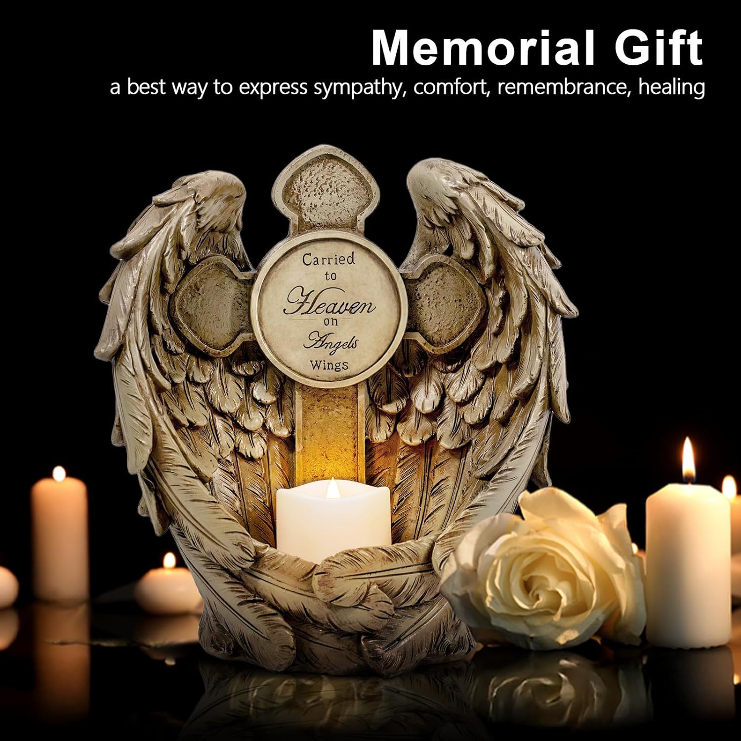 12“ Angel Wings Embracing Cross Solar Flameless LED Candles Outdoor Garden Memorial Statue for Garden Decoration Yard Art, A Touching Memorial Gift & Condolence Gifts Grave Decorations for Cemetery