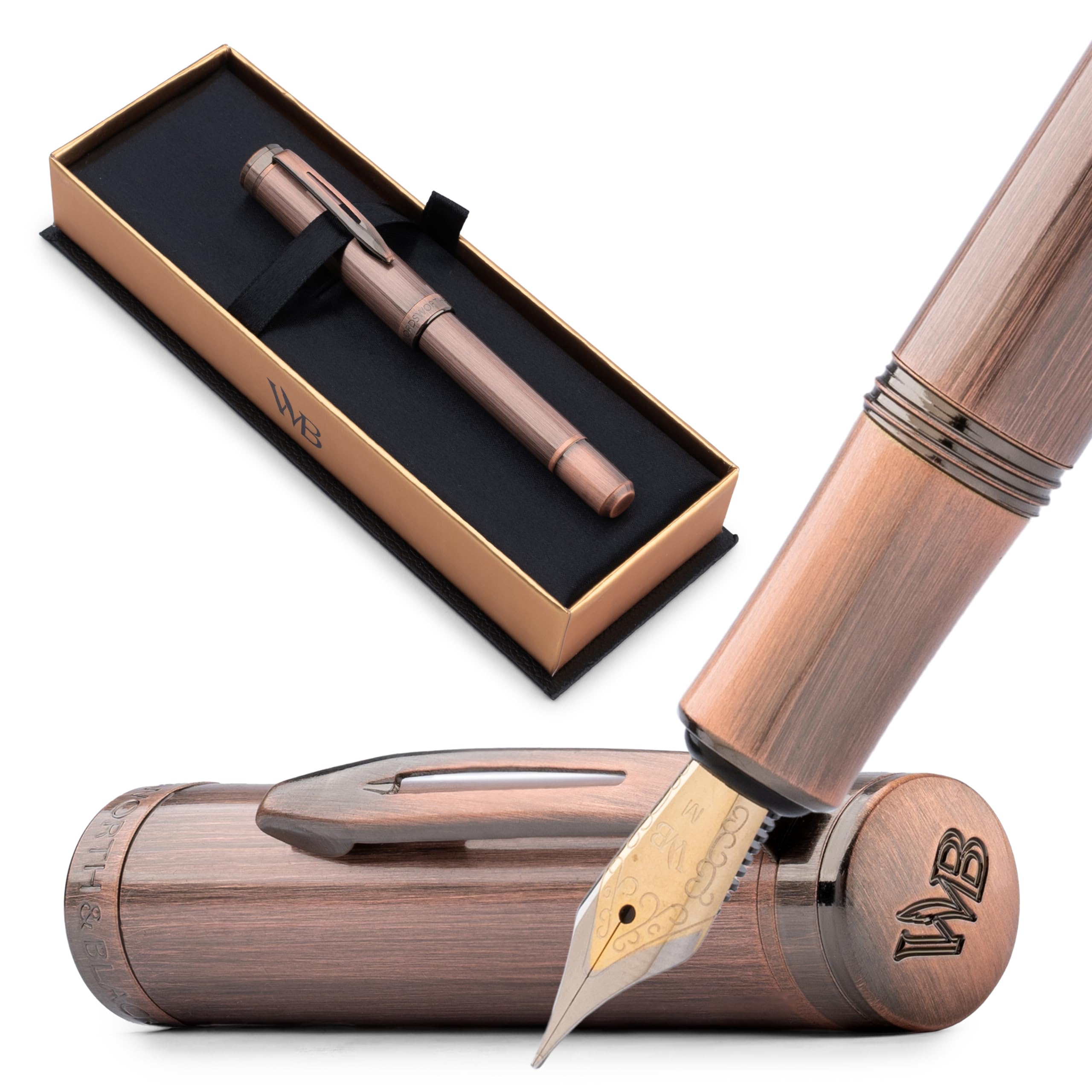 Wordsworth and Black Fountain Pen Mini EDC: Luxury Copper Heavy Pocket Pen, Medium Nib, 6 Ink Cartridges, Ink Converter