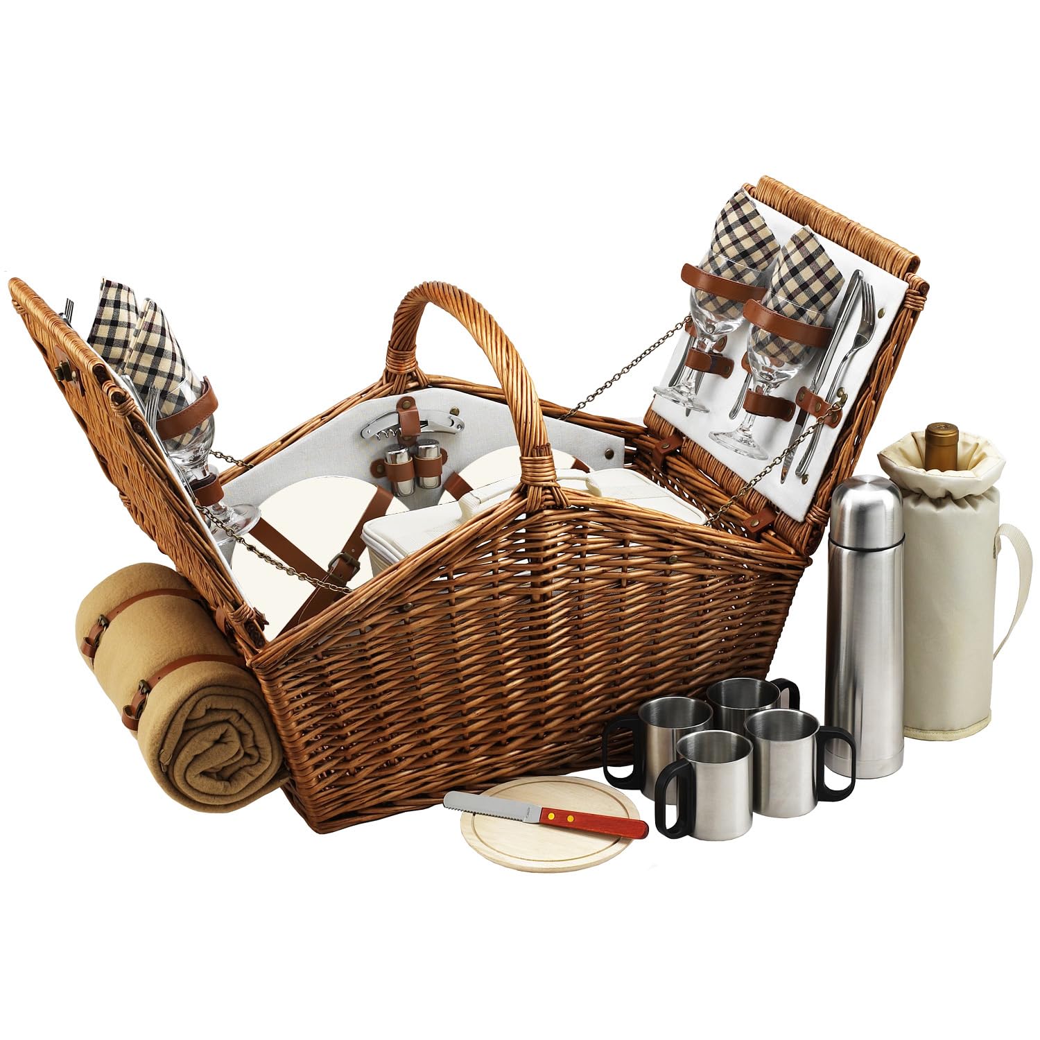 Personalized Picnic at Ascot Dorset English-Style Willow Picnic Basket with Service for 4 - Designed, Assembled & Quality Approved in The USA