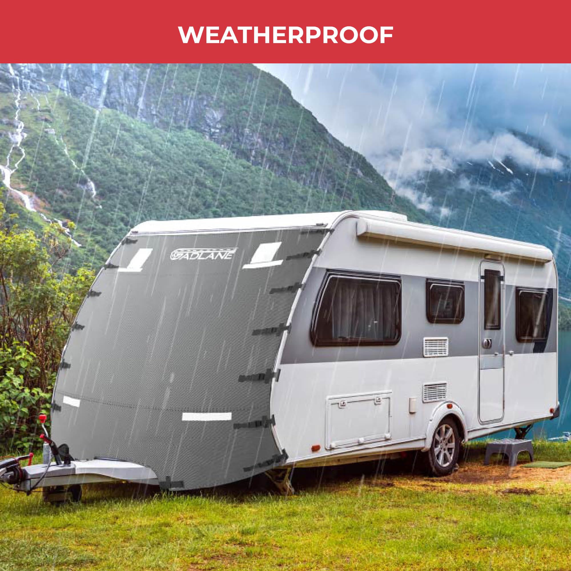 GADLANE Copertura anteriore per caravan, protezione anteriore per rimorchio, con luci LED ad alta visibilità e strisce riflettenti, impermeabile, adatta alla maggior parte delle roulotte – include