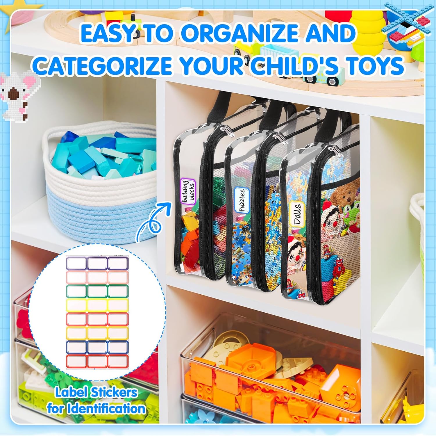 6 Packs Large Toy Storage Bags with Zipper & Mesh Pocket, Reusable Clear PVC Board Game Storage, Travel Waterproof Organizer Bags with Zipper for Building Blocks, Puzzle, Books, 14.56x11.02x3.15inch