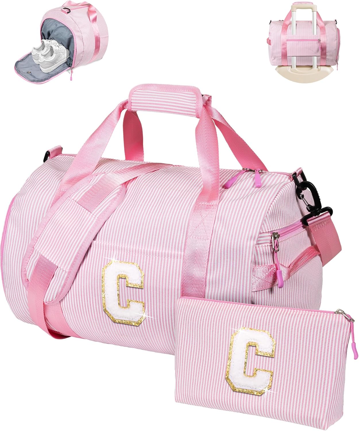 Teen Girl Gifts Trendy Stuff, Girls Travel Duffle Bag, Kids Initial Overnight Bags with Shoe Compartment, Personalized Weekender Bag with Makeup Pouch, Pink Gift for Niece (Letter C)