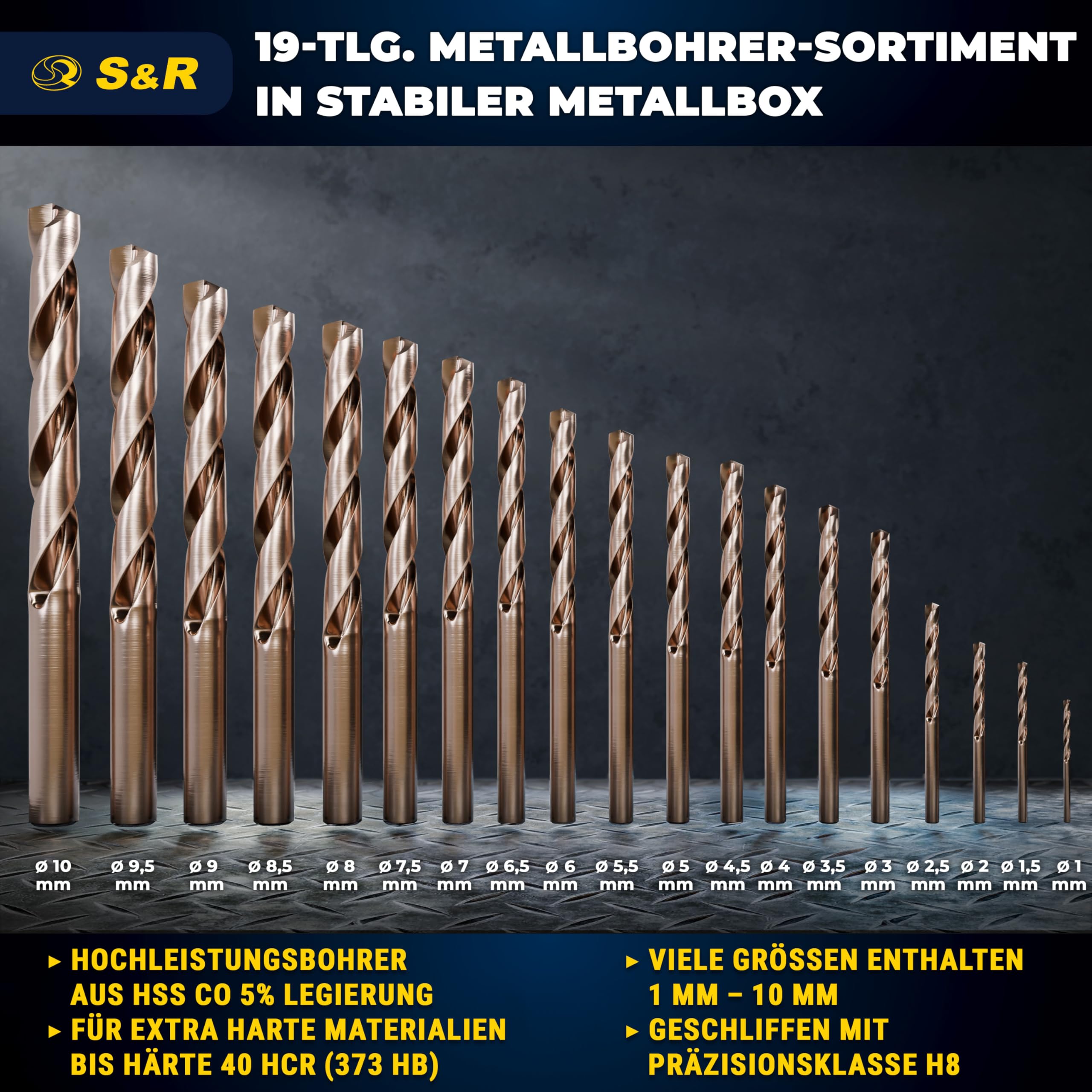 19 Tlg Edelstahl-Bohrer Satz Cobalt Kobalt Metall Spiral-Bohrer Satz Co-Hss 1-10 mm