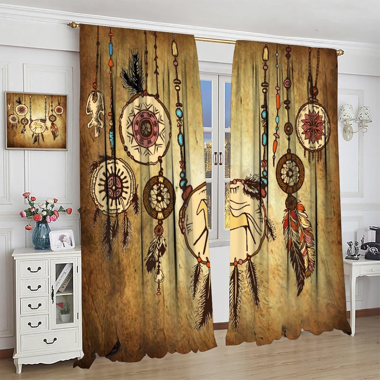 Vintage Tribe Curtains,Retro Dreamcatcher Native American Indian Ethnic Feathers Curtains for Bedroom Living Room Kitchen Bar Rod Pocket Drapes 2 Panels Set Total Size 42 x 45 Inch - Image 4