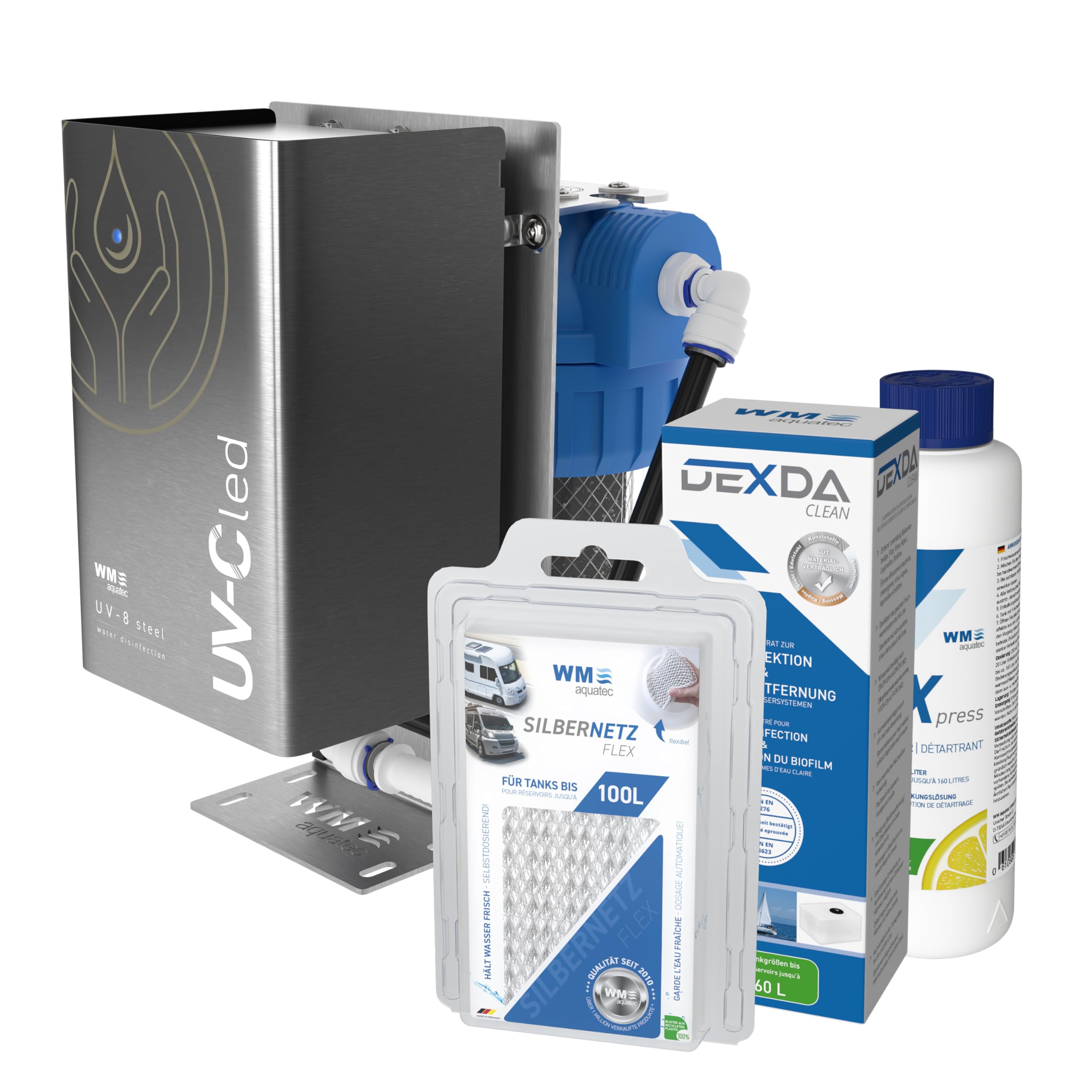 WM aquatec Solution complète d'hygiène de l'eau pour camping-cars, caravanes, bateaux et véhicules tout-terrain (réservoirs jusqu'à 100 litres)