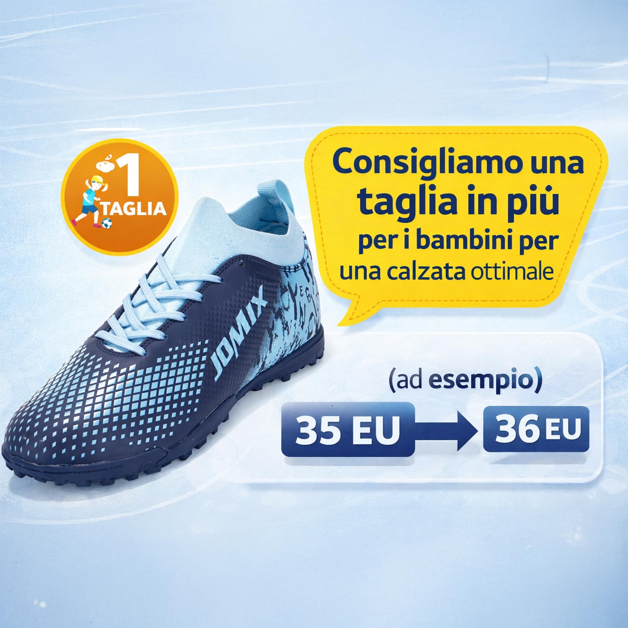 JOMIX Scarpe da Calcetto Calcio Unisex Bambini Ragazzi Adolescenti – Multitacchetti TF per Campi Sintetici ed Erba Artificiale – Leggere Resistenti Antiscivolo KOS250435 Blu, 31