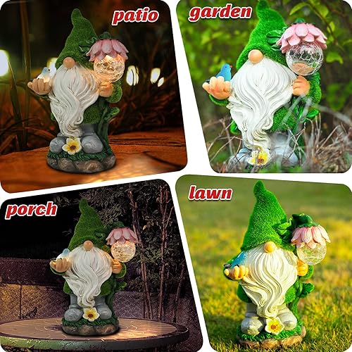 Miniatura 5 de Estatua de gnomo de jardín, divertida decoración de gnomo con luces solares de globo de cristal, adorno de gnomos de resina para patio, césped,