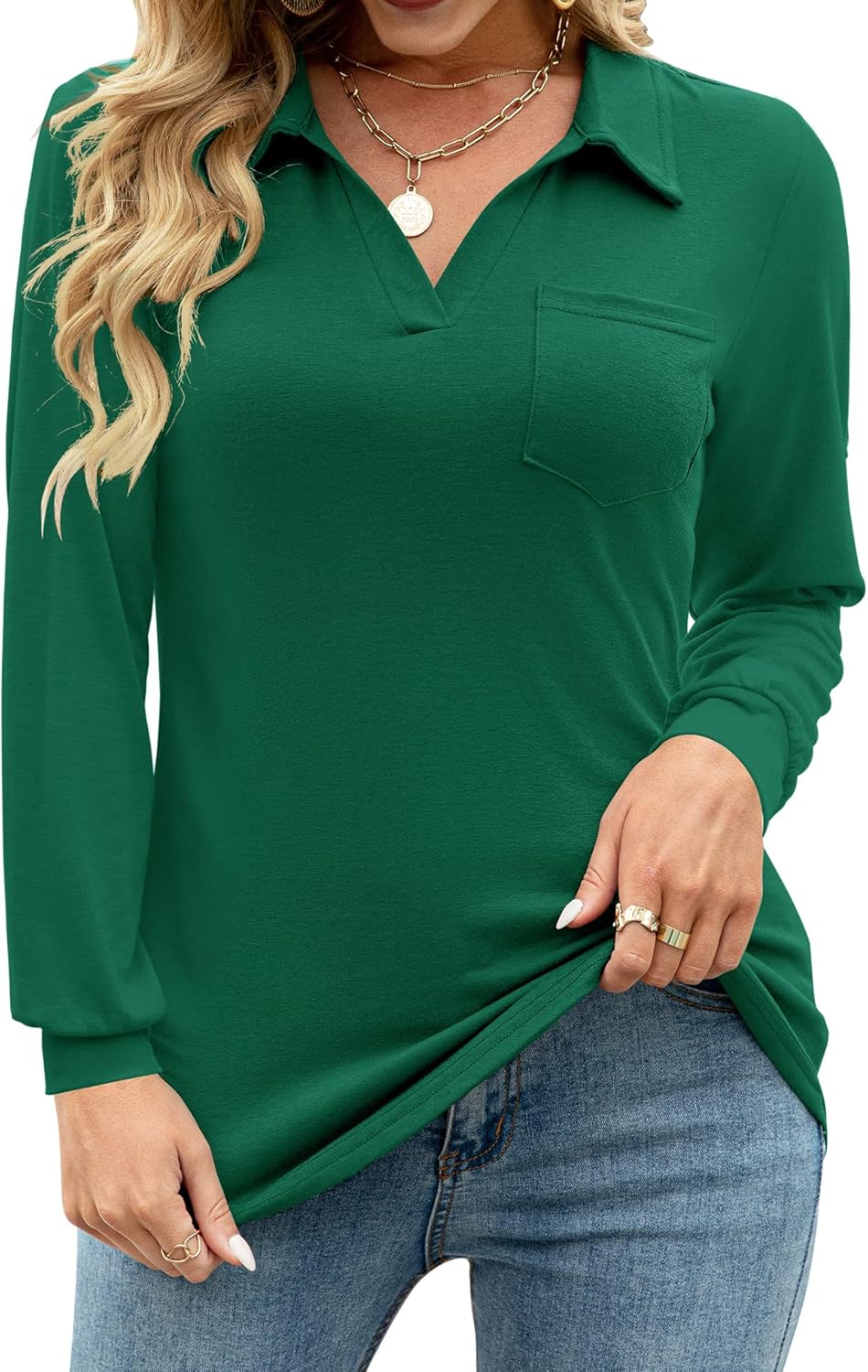 AKEWEI Womens V Neck Polo Shirts Short Sleeve Collared Tops Loose Casual Tunic Blouses with Pocket