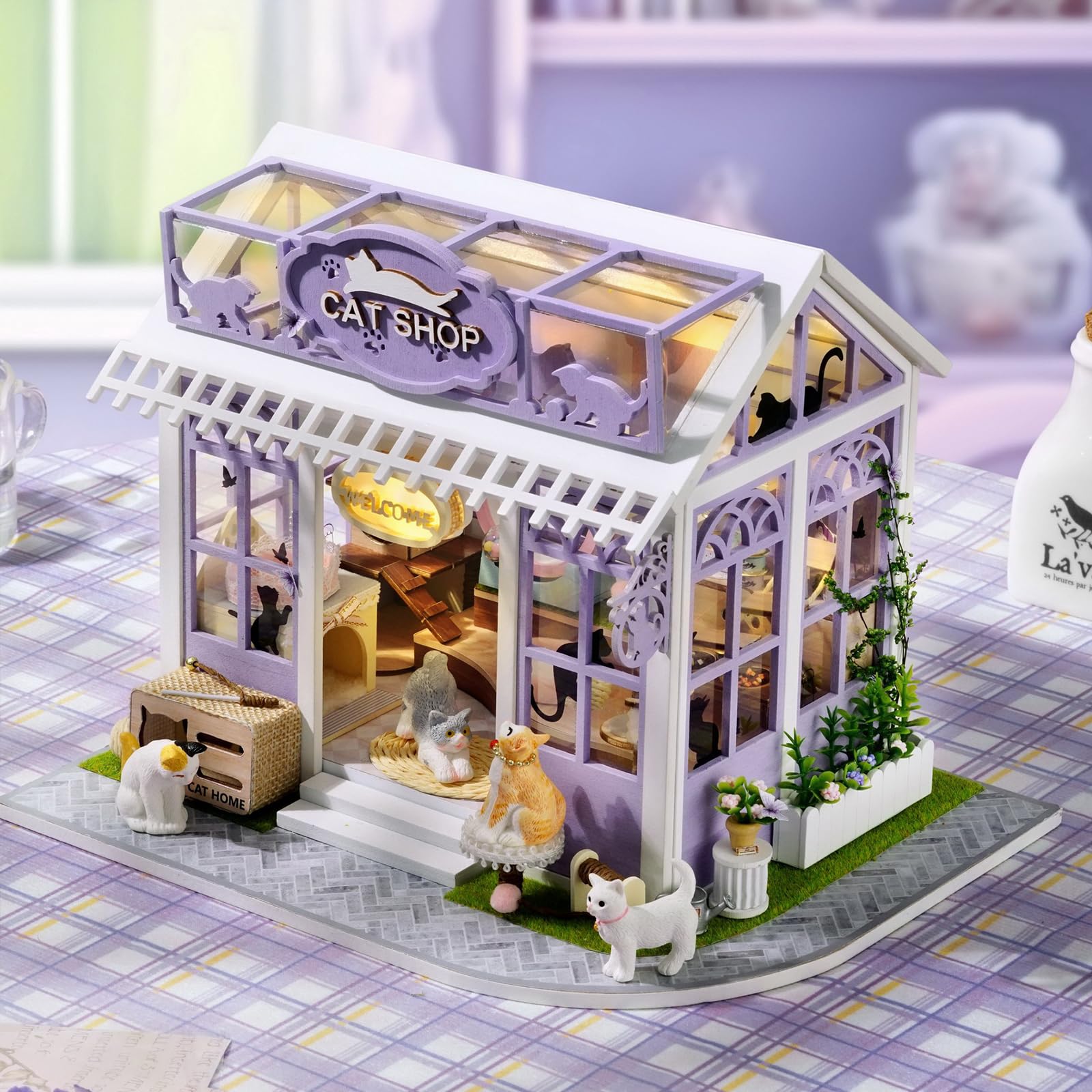CUTEROOM Kit per casa in miniatura per adulti, mini kit di mobili in legno per casa delle bambole, kit fai da te per stanza creativa piccola casa per decorazione - Kitten Paradise