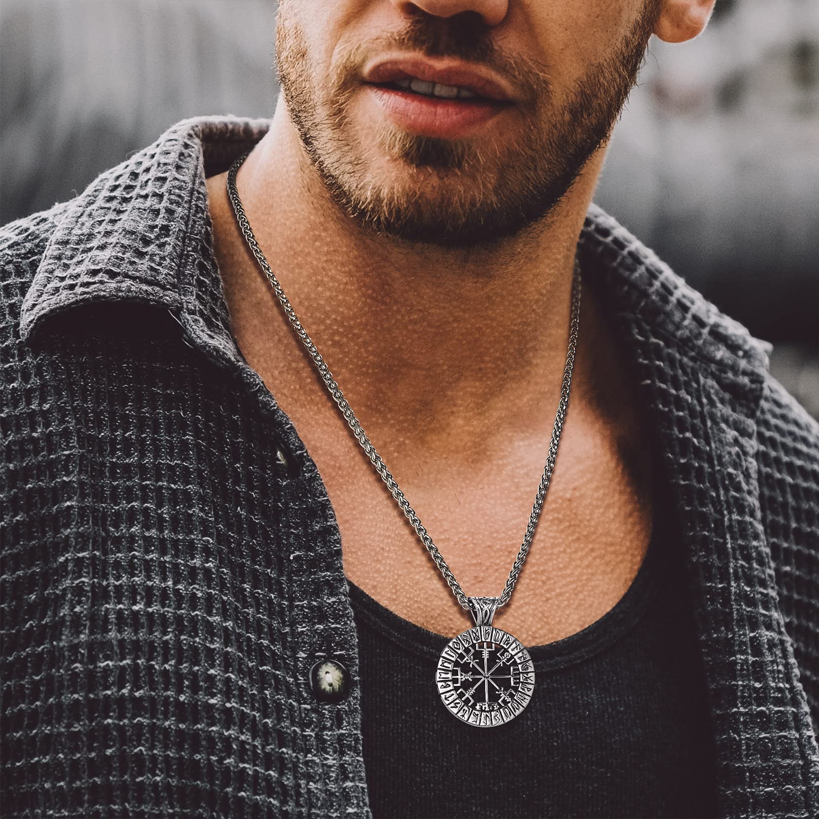 Bandmax Viking Collar con Runas Colgante Redondo Trinidad Nudo Celta/Triángulo/Vegvisir Cadena de Acero Inoxidable para Hombres Mujeres