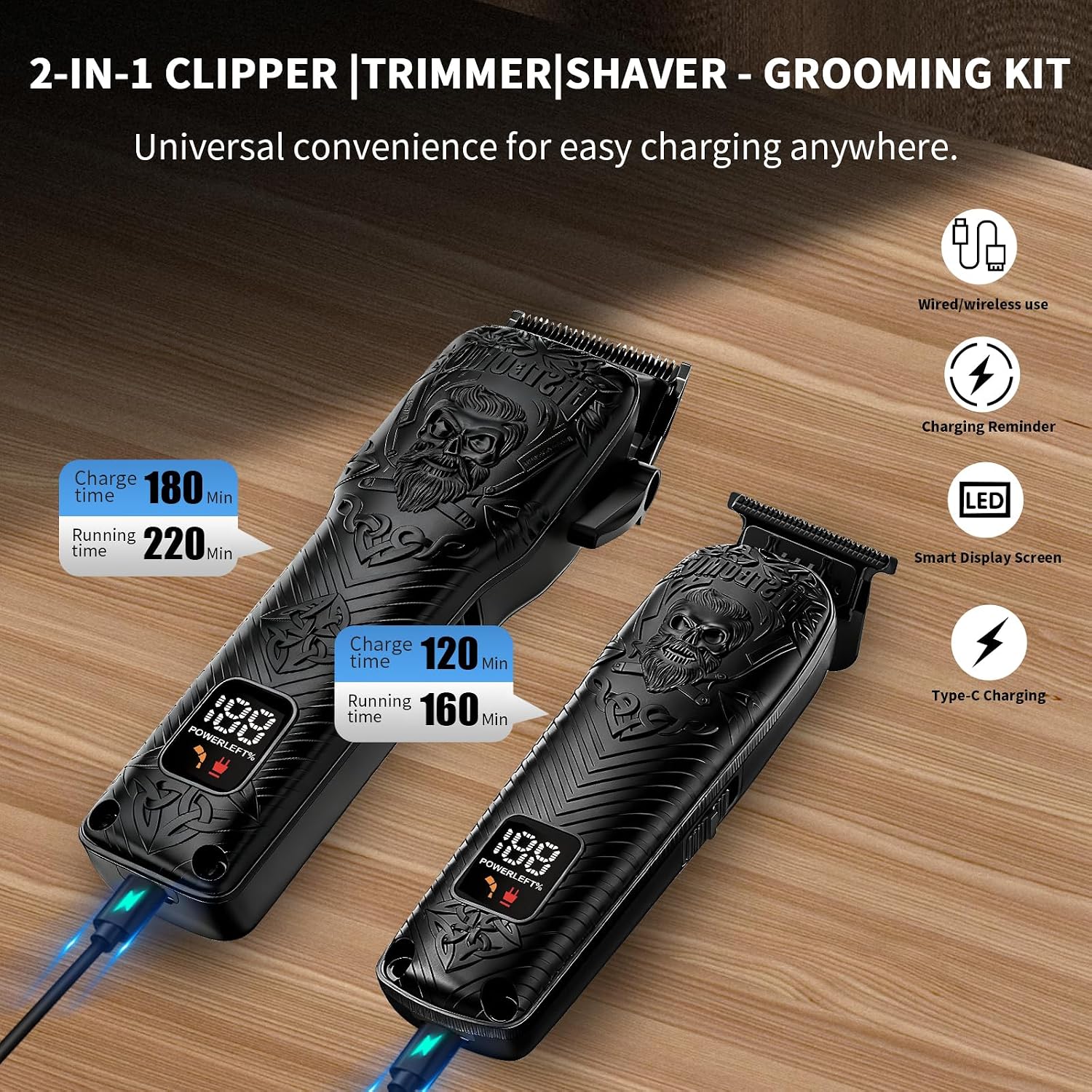 BESTBOMG Professional Cordless Mens Hair Clippers & Beard Trimmer Kits & Sets,Metal Hair Clippers Cutting Grooming Kit with Long Battery Life for Family Barber Use (Black)
