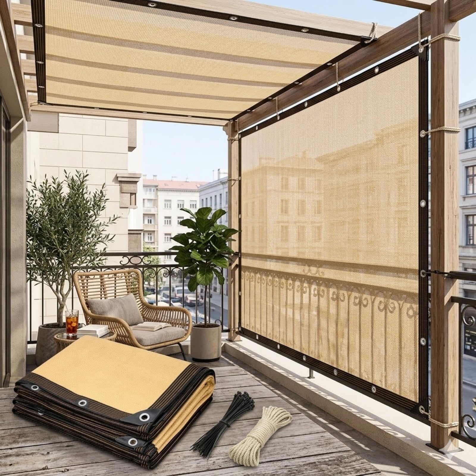 Tissu respirant avec œillets 3.5x3.5m toile d'ombrage pour balcon et jardin
