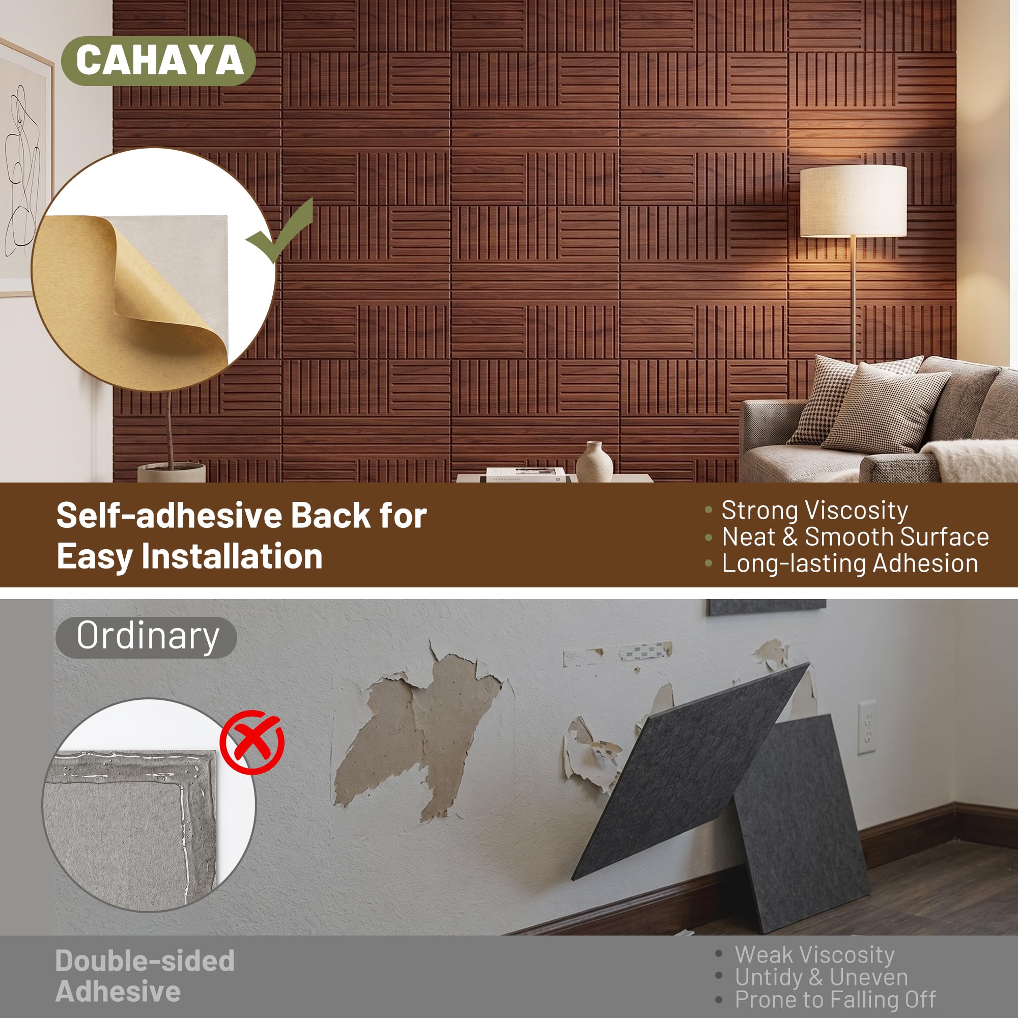 CAHAYA Pannelli acustici da parete effetto rovere, 6 pezzi, autoadesivi | Fibra di poliestere con scanalature a V 3D; decorazione effetto noce peel & stick per soggiorno, camera, studio e podcast