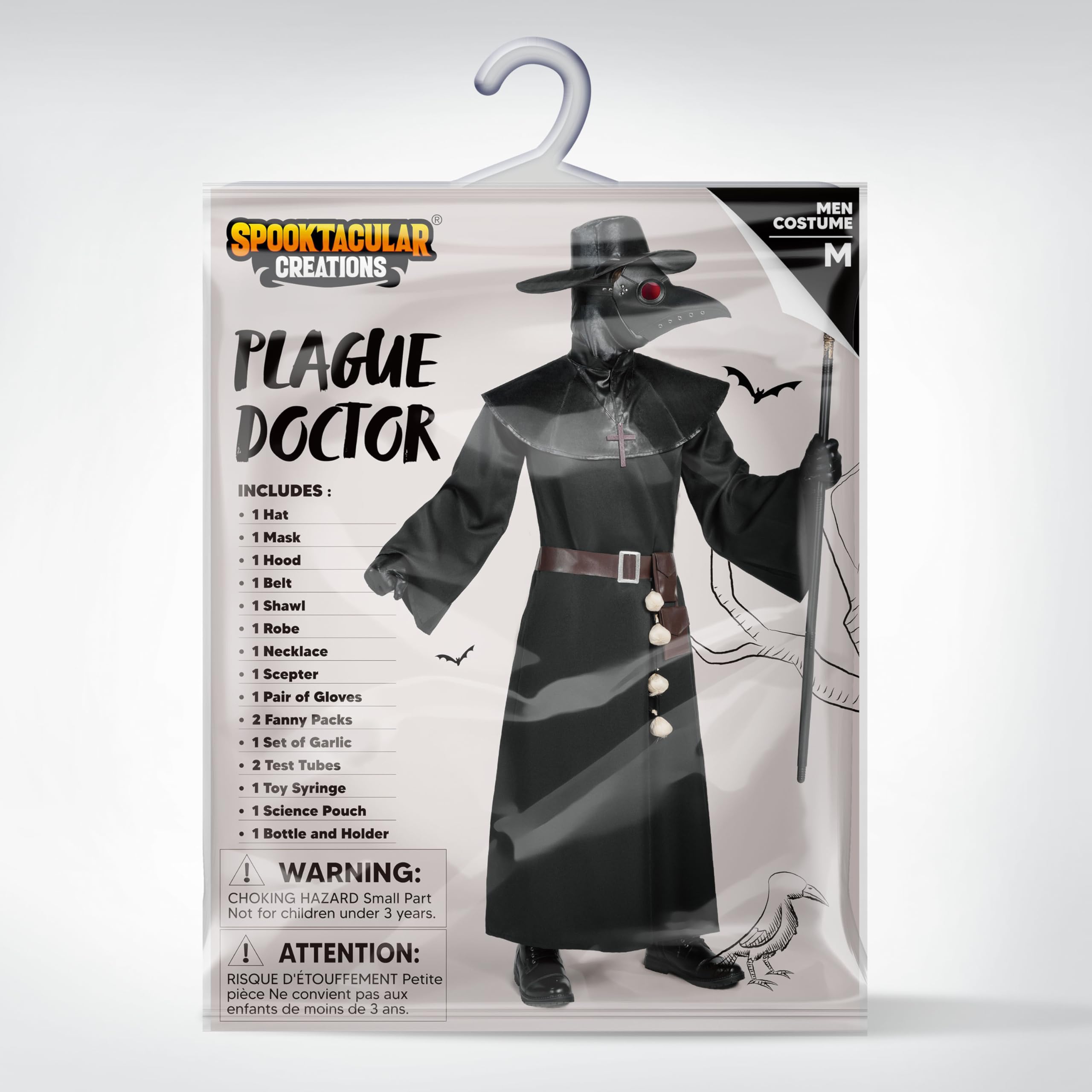 Spooktacular Creations Costume da uomo nero da medico della peste con cappello, maschera, scialle, veste, guanti, cintura, aglio, scettro