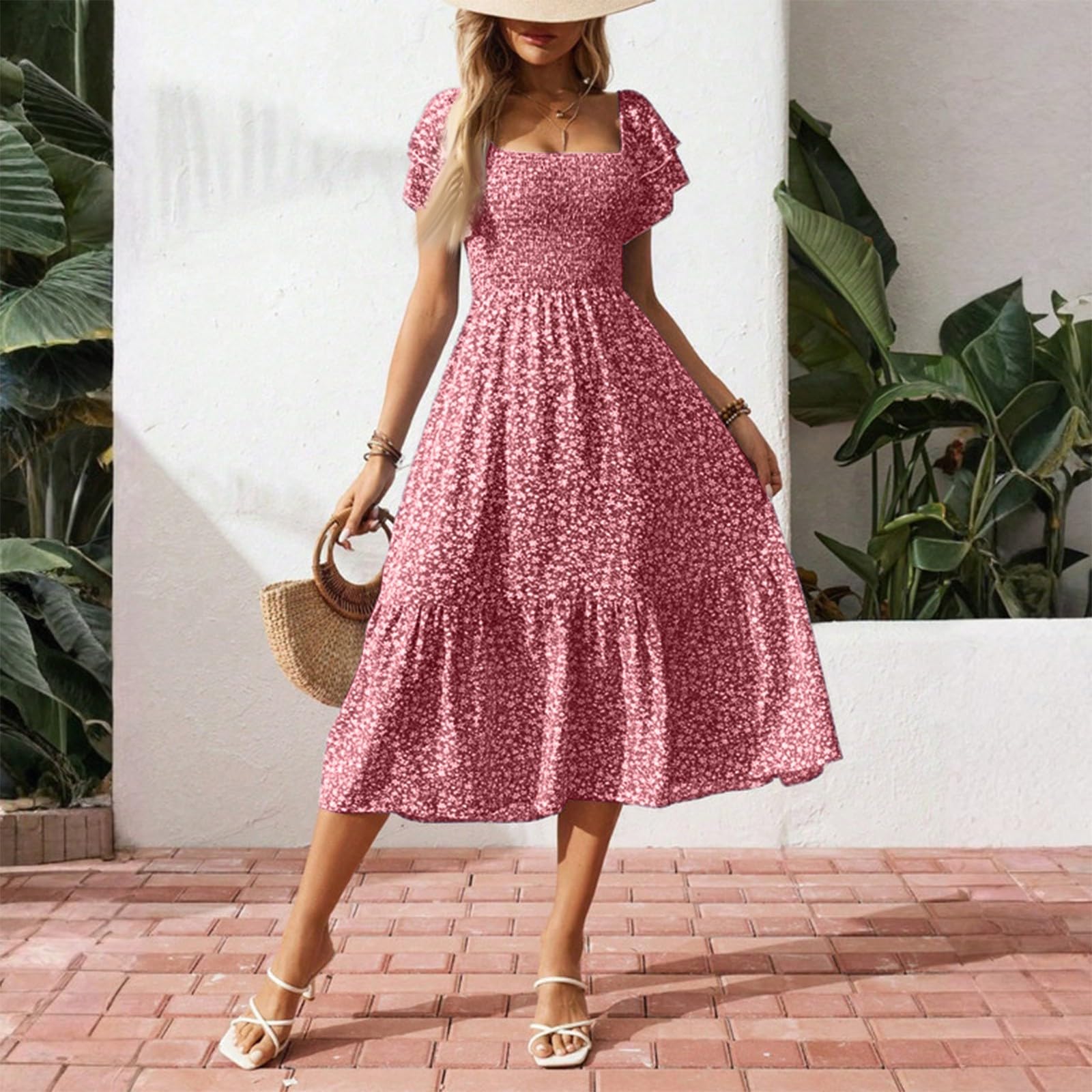 Damen Blumenkleid Elegant Lang Gesmoktes Kleid Midi A Linie Rüschen Italienische Kleider Sommer Geblümt Sommerkleid Leicht Und Luftig Midikleid Volant Schwingen Sommerkleider Frauen Corset