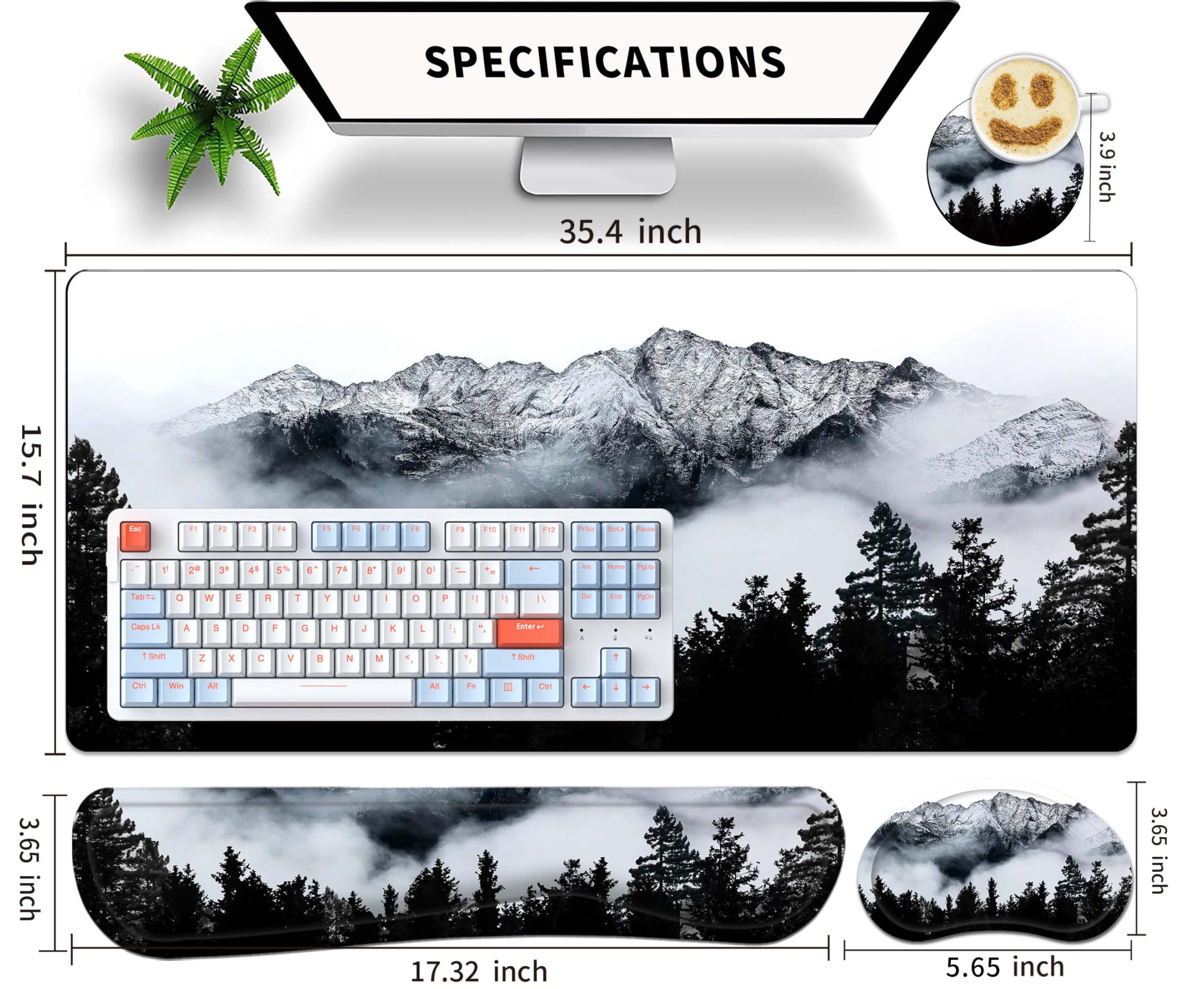 Premium Großes Gaming-Mauspad-Set, 35,4 x 15,7 cm, mit Tastatur-Handgelenkauflage, Handgelenkstütze und Untersetzer, Memory-Schaum, glatte Schreibtischunterlage, Mauspad für Zuhause, Büro,