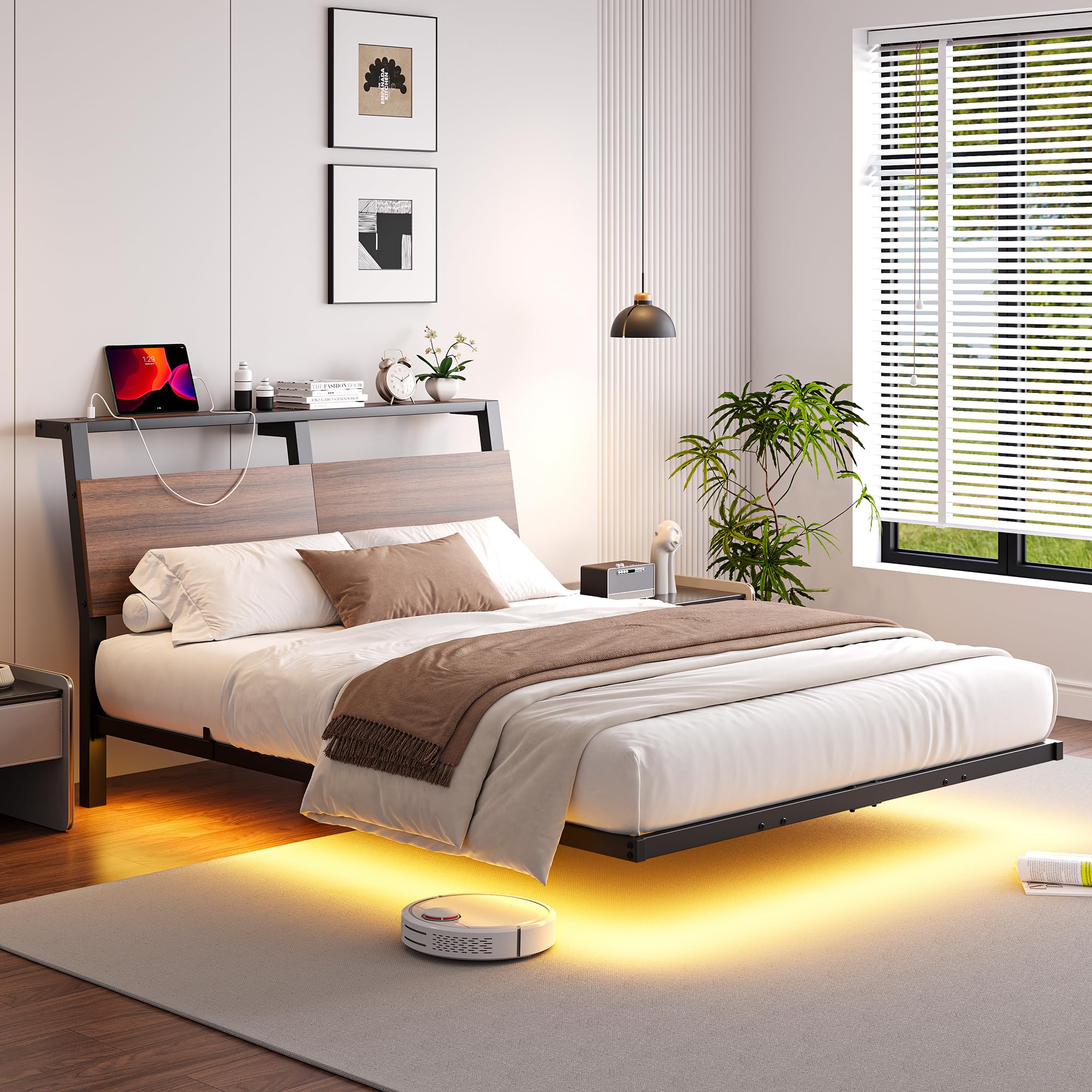 HOJINLINERO Struttura letto matrimoniale galleggiante, 135 x 190 cm, con luci LED e stazione di ricarica, struttura letto matrimoniale in metallo con testiera in legno, supporto a doghe in acciaio