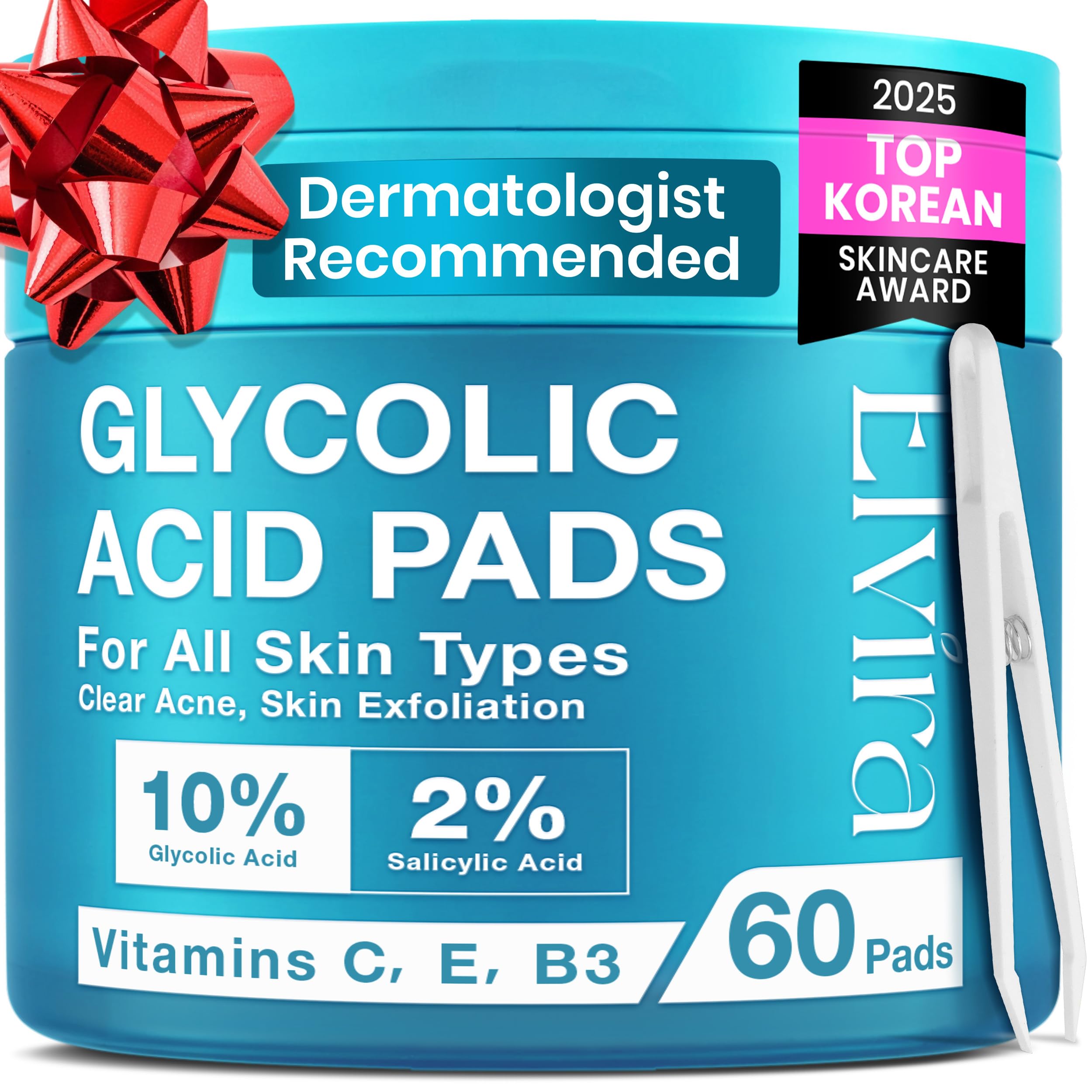 Elvira Glycolic Acid Exfoliating Facial Pads With 10% Glycolic Acid, 2% Salicylic Acid & Niacinamide - 60 Toner Pads, Daily Peel Treatment for Acne Prone Sensitive Skin