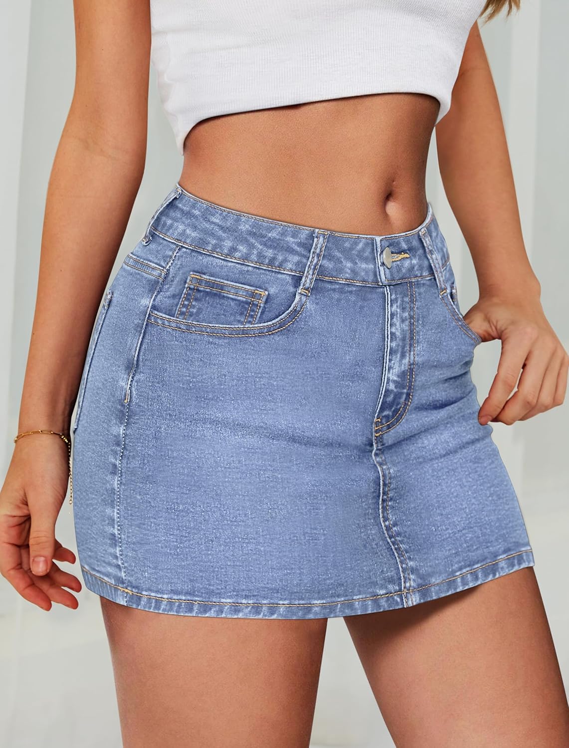 IWD Denim Mini Skirt Women Casual Stretch Jean Skirt Zip Fly Low Waisted Denim Skirt with Pockets - Image 2