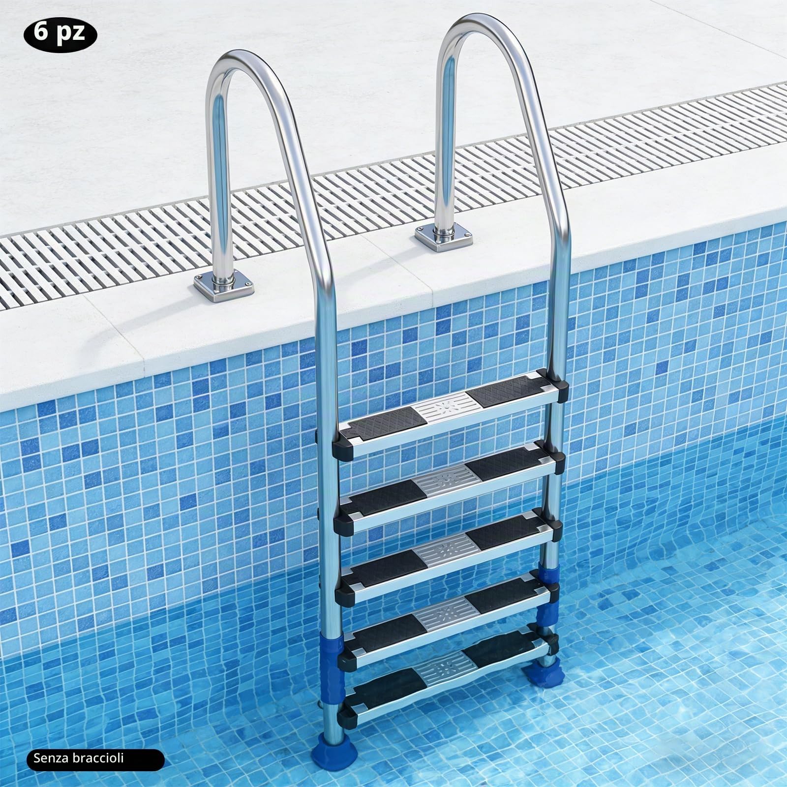 Livelli di ricambio per scale da piscina in acciaio inox, confezione da 6 gradini con cuscinetti in gomma antiscivolo e viti, per piscine da incasso, piscine e spa, capacità 150 kg, 49,3 x 8,5 x 2,2