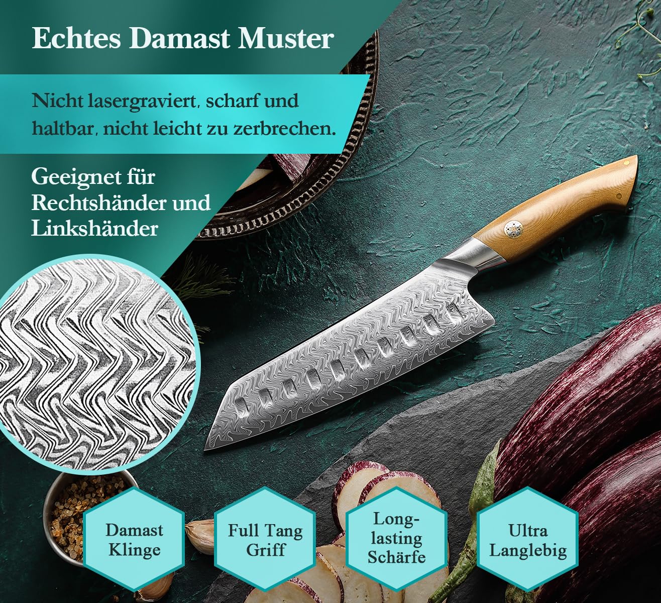 HEZHEN Santokumesser Damast,Japanischer Stil Kochmesser,Ultra-Scharfes Allzweck-Gyutomesser, Komfortabler Full Tang Griff