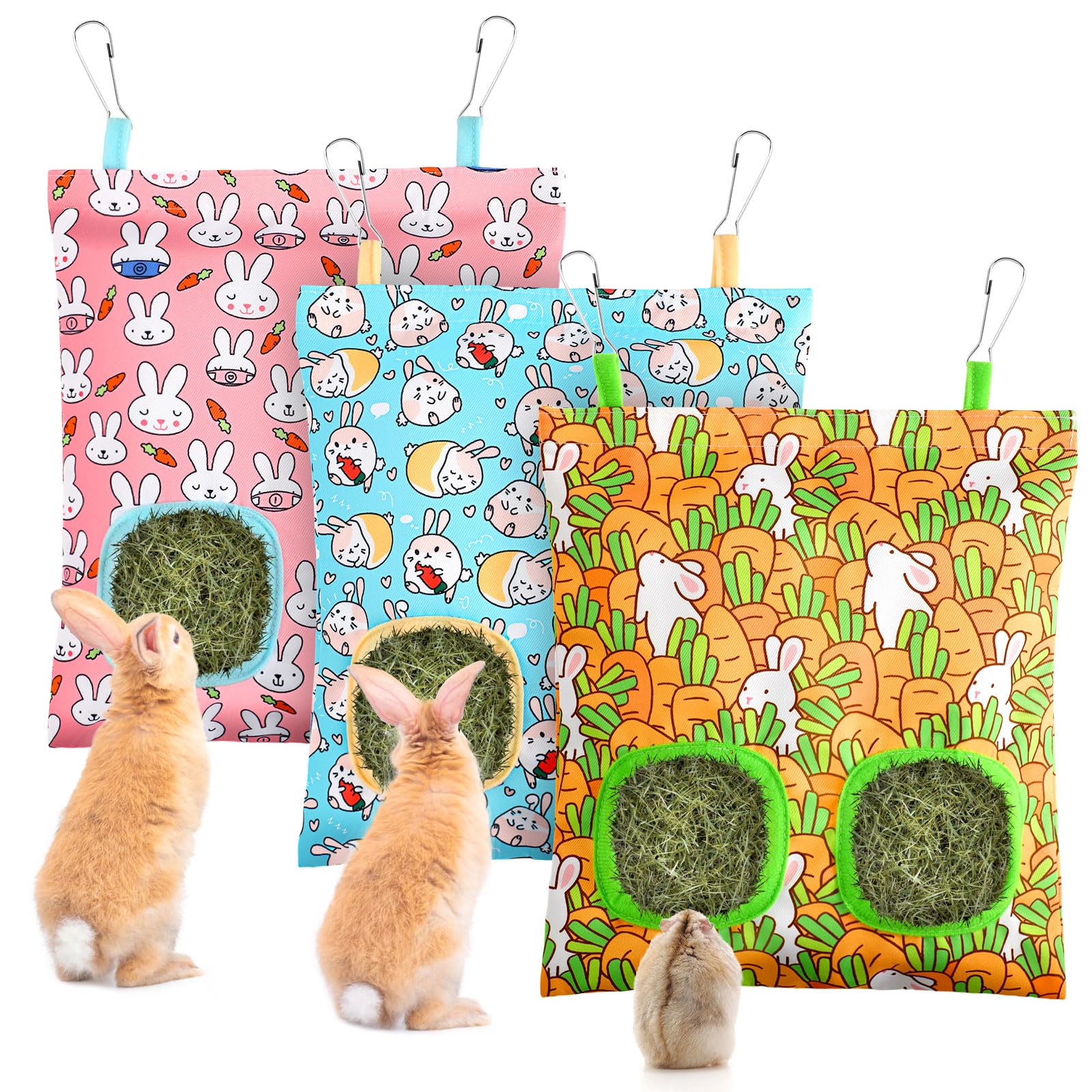 UPINS 3 Hay Bag for Rabbits 2-Hole Hanging Hay Feeder Guinea Pig Hay Bags, Hay Feeder for Rabbits Chinchillas Hamsters Small Pets and Animals(Light