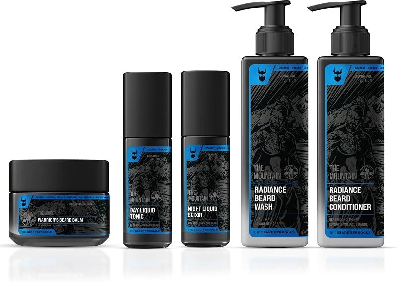 The Mountain Beard Care Kit for Men – Day & Night Oil, Balm, Wash & Conditioner – Hydrates, Softens & Styles – Natural, Vegan & Cruelty-Free – 5-Piece Set