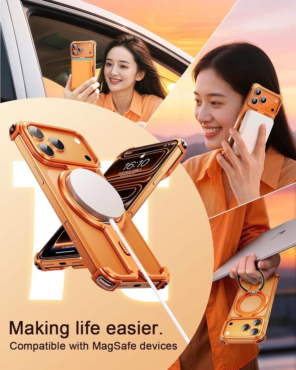 Frameless Phone Case for iPhone 17 Pro Max with Kickstand,360° Rotatable Magnetic Ring Stand,Aluminum Metal Slim Bumper Grade Shockproof Protector Cover for iPhone 17 Pro Max(Cosmic Orange) - Image 5