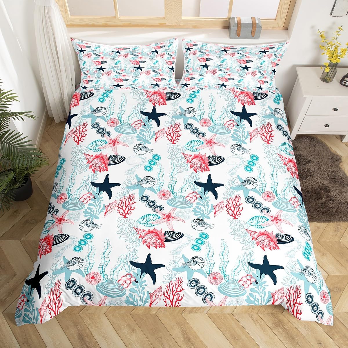 Ocean Beach Duvet Cover Set Queen Size,Seashell Conch Seahorse Starfish Coral Comforter Cover Sea Coastal Bedding Set for Kids Boys Girls Woman Room Decor Pink Blue White Quilt Cover,2 Pillowcases