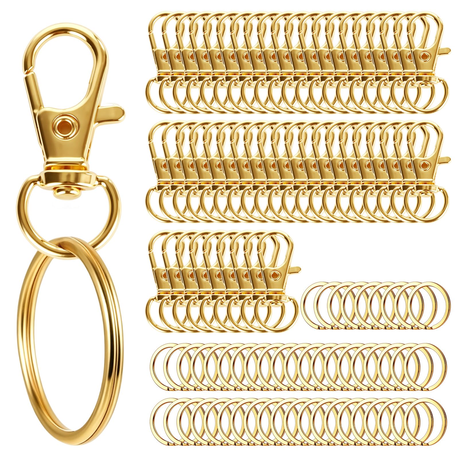 StorSpice Set of 100 Key Rings Craft Gold: 50 Carabiner Hooks with Swivel & 50 Key Rings for DIY, Robust Craft Keyrings for Jewellery Making, Lanyards