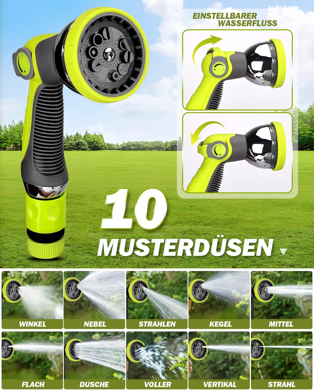 Wandmontage Schlauchtrommel 20m + 2m, Automatik-Aufrollung, Längenstopp, 180° Schwenkhalterung & 10 Sprühmodi für Garten, Rasen & Autowäsche