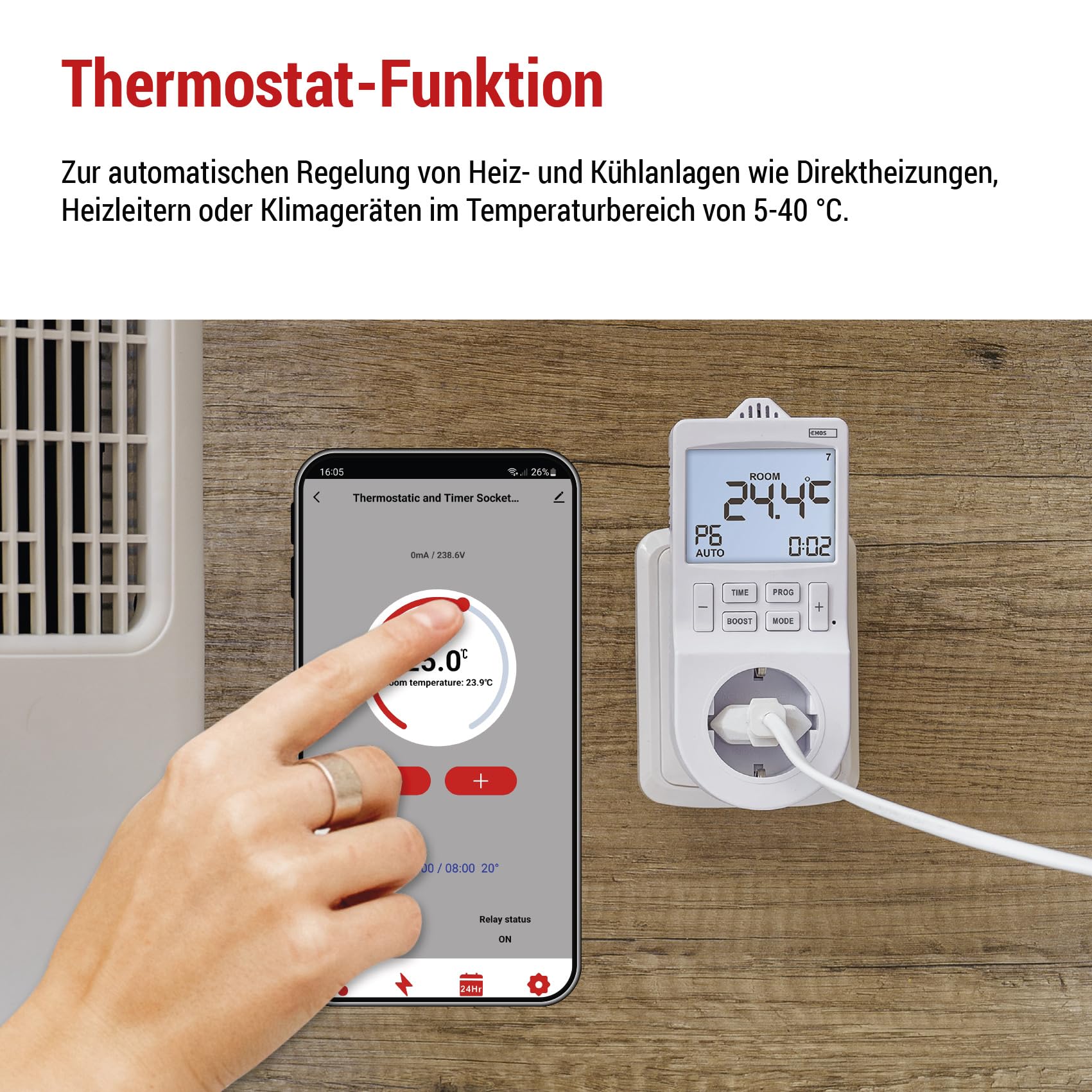 EMOS GoSmart - 2in1 Steckdosenthermostat und Zeitschaltuhr mit App - Smart Home digitaler Raumtemperaturregler und Timer-Steckdose für Heizung und Kühlung - erhöhter Berührungsschutz - Typ F Schuko
