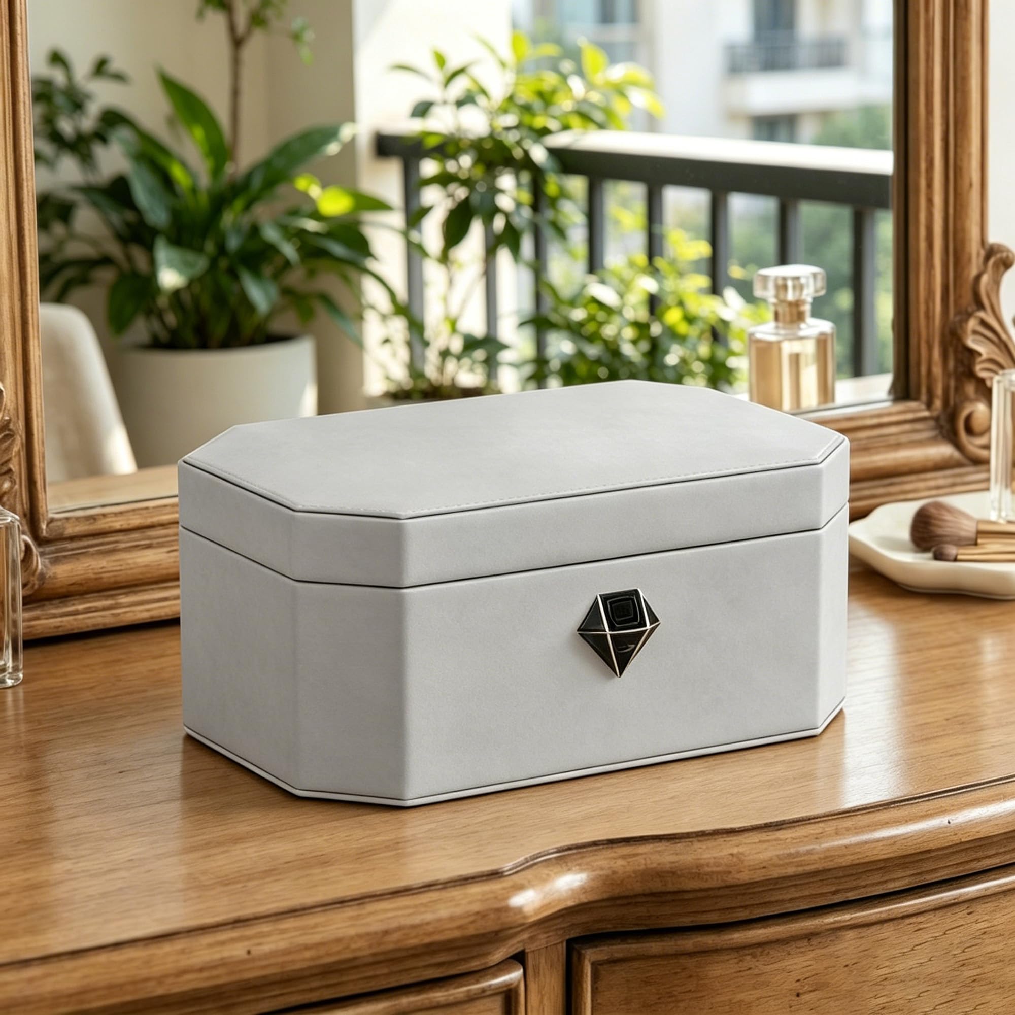 VALINIRT Jewellery Box, Leather-Wrapped Large Jewellery Box with Lock for Women, Quick-Access & Keyless Entry (Two-Tier Gray)