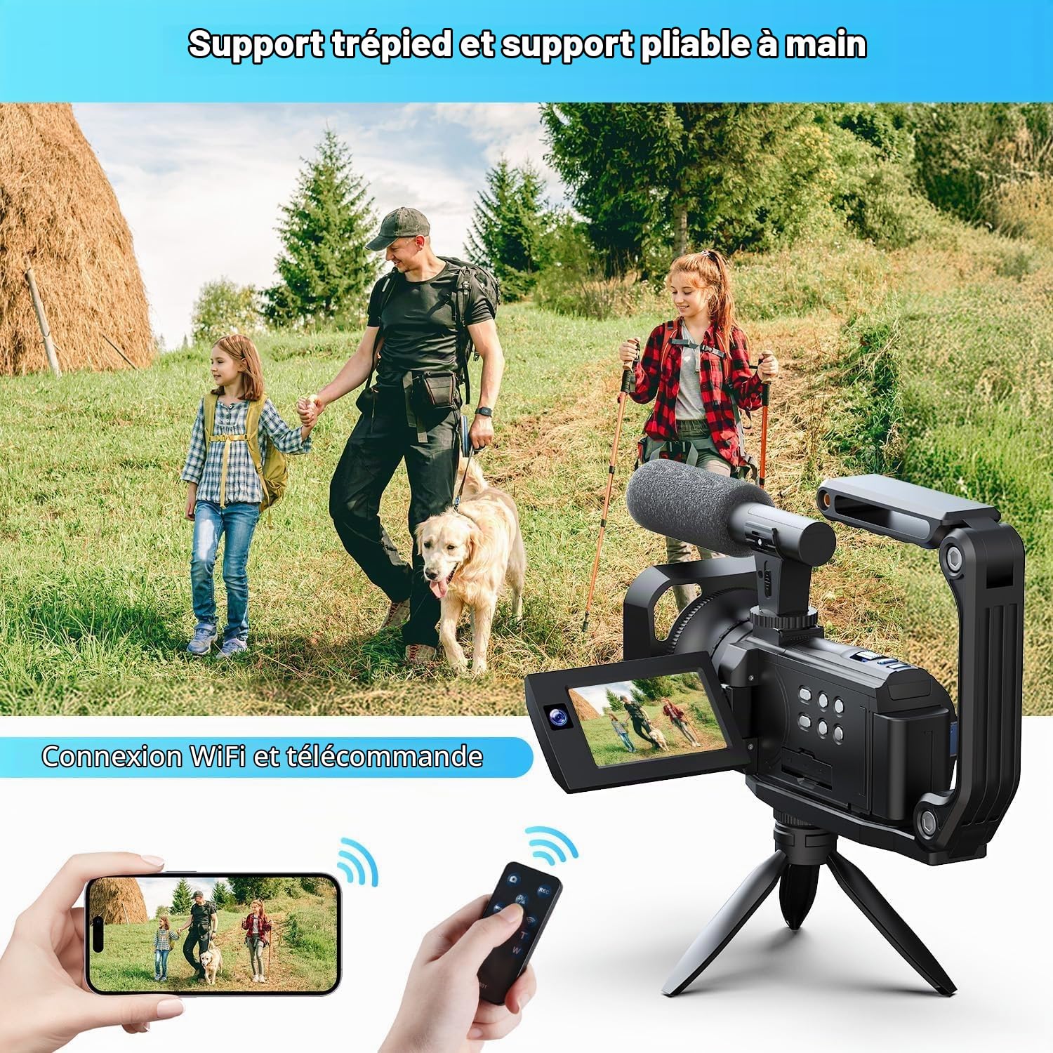 Caméra Vidéo 5K Caméscope, 56MP WiFi Vision Nocturne IR Double Objectif, 16X Youtube Vlog Caméra, 3" 270° Video Camera avec 2 Batteries, Carte 64 Go, Microphone, Trépied