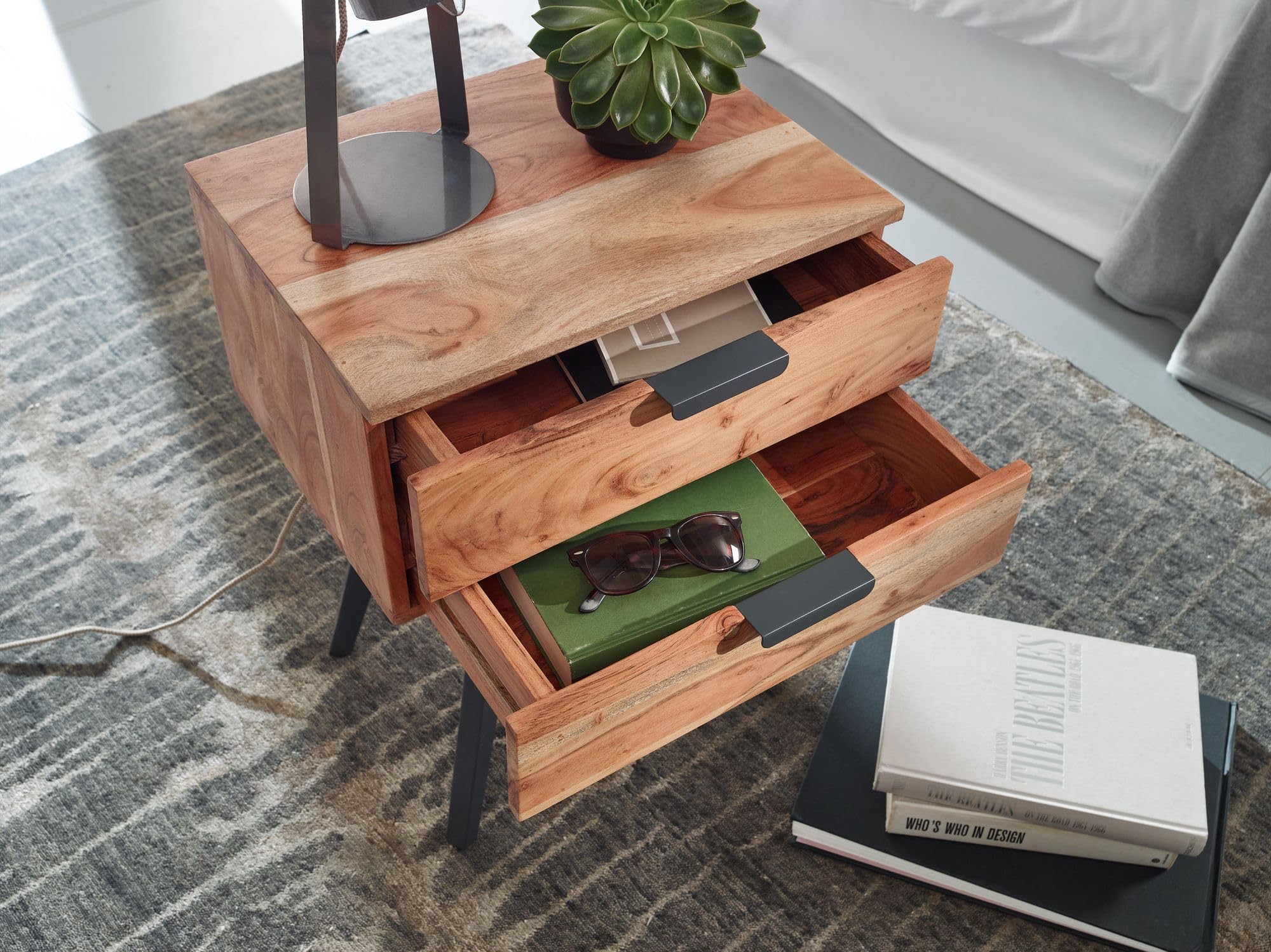 FineBuy Nachttisch 47x35x65 cm Akazie Massivholz mit 2 Schubladen