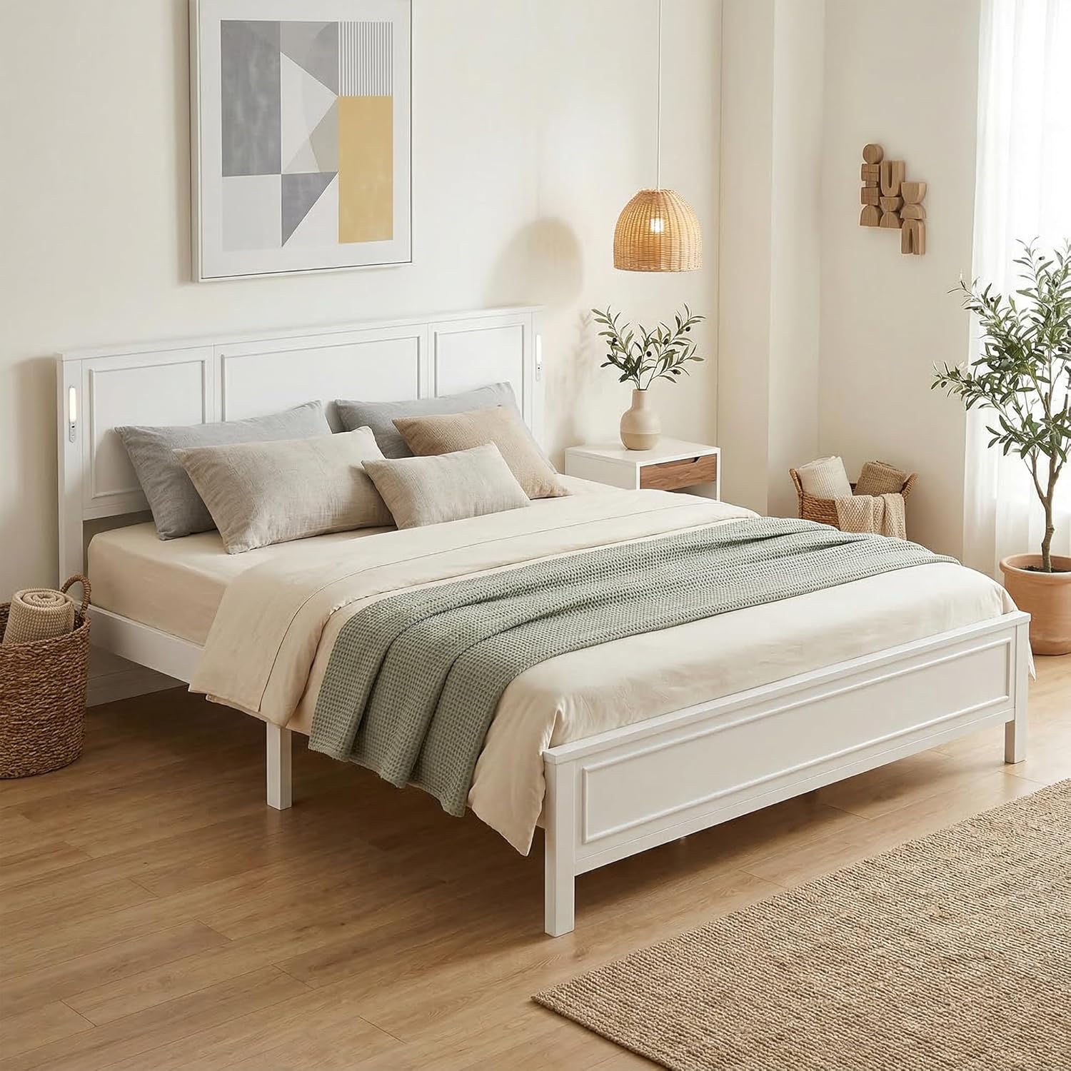 VECELO King Size Farmhouse Platform Bed Frame with LED Headboard, Dual USB & Type-C Charging Ports,Under-Bed Storage, Solid Wood Slat, No Box Spring Needed, Rustic Style Bed for Bedroom, White