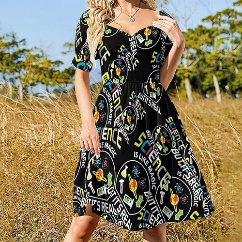 Miniatura 6 de Science Like Magic Women's Swing Dress Puff Short Sleeve V Neck Dress Beach A Line Mini Dresses