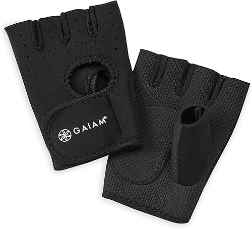 Gaiam Guantes de fitness sin dedos para entrenamiento con pesas (negronegro), palma acolchada, malla transpirable, ajuste de velcro ajustable y