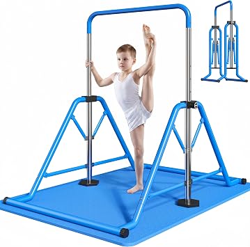 Expandable Gymnastics Bars 45-61 with Side Support Bars for Kids | 300lb capacity ages 5-13 enhanced stability 5-level adjustable foldable Pink