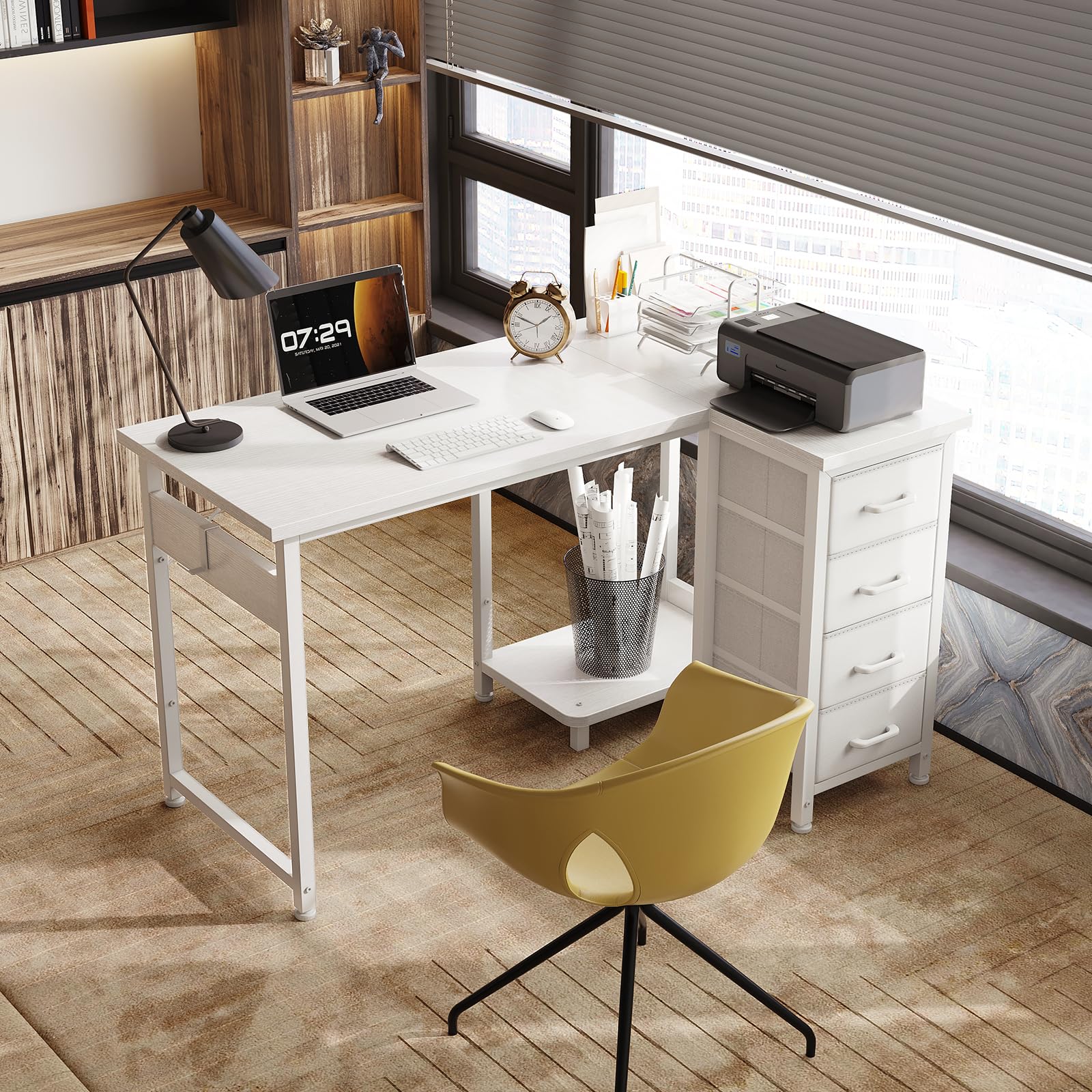 Coleshome Scrivania Angolare, 100x70cm Scrivania a L con 4 Cassetti, Tavolo Computer Reversibile per Ufficio/Camera da Letto, Bianco