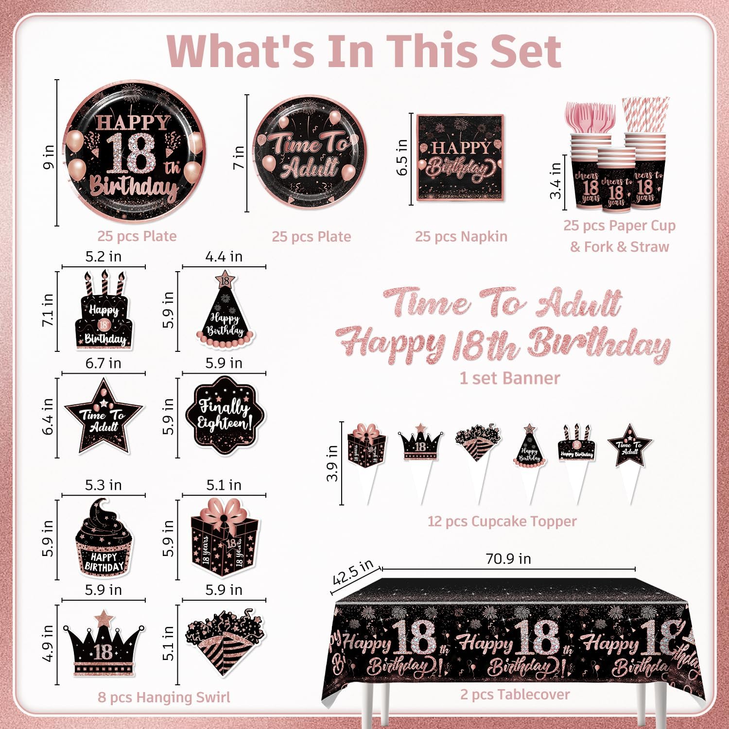 181PCS 18th Birthday Decorations for Girls Tableware Set, Rose Gold 18th Birthday Plates and Napkins Pre-strung Banner Time to Adult Party Decorations for 25 Guests