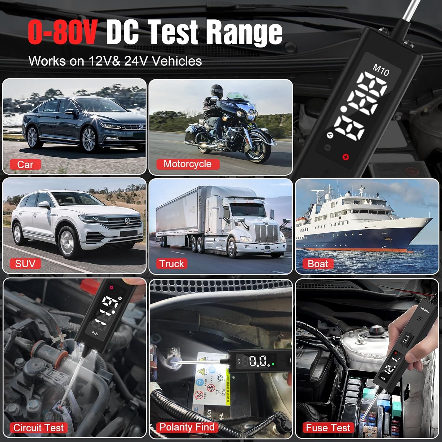 Collage of images showing the circuit tester being used on various vehicles (car, motorcycle, SUV, truck, boat) and for different tests (circuit test, polarity find, fuse test).