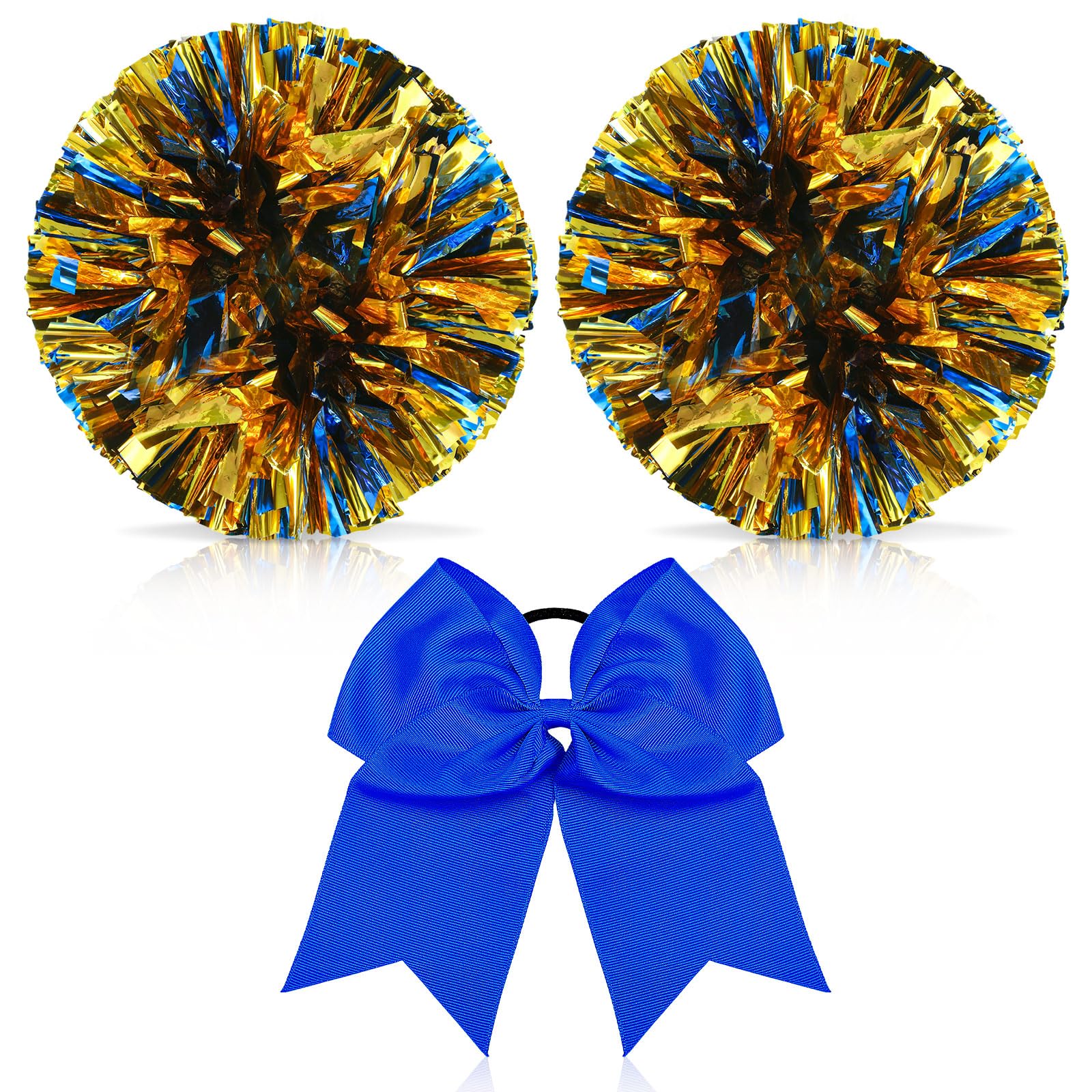 Hanaive 3 Pcs Cheerleading Pom Poms and Large Cheerleader Hair Bow Metallic Cheer Supplies for Team Spirit Sports Dance Cheering