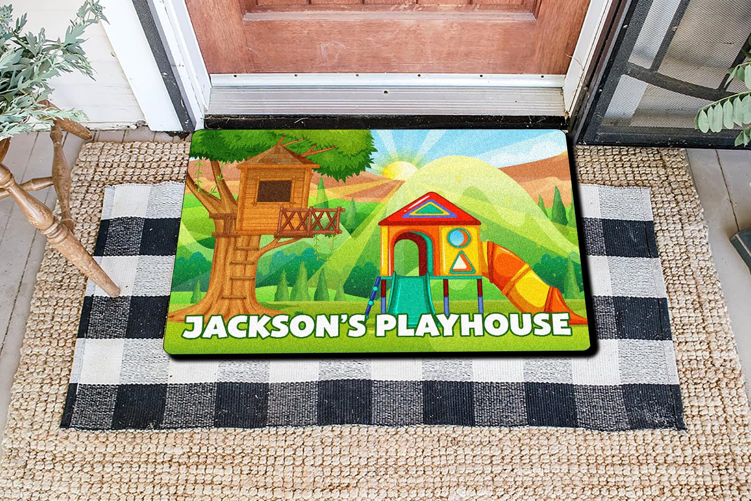 VOTANTA Personalized Playhouse Doormat Treehouse Door Mat for Kids Girls Boys Custom Name Playhouse Sign Tree House Yard Clubhouse Decor Kids Playground Welcome Door Mat Rug Indoor Outdoor 24