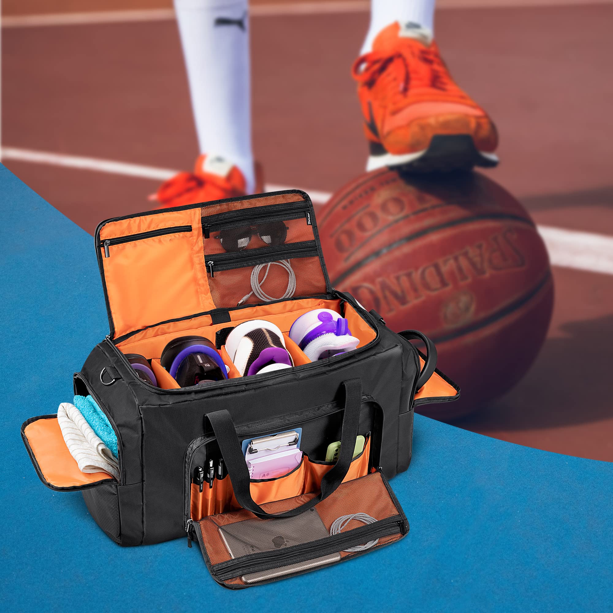 DSLEAF Borsa da ginnastica e borsone da viaggio, borsa da palestra con 3 divisori regolabili e tracolla per scarpe, abbigliamento e laptop, Nero, Borsa da viaggio